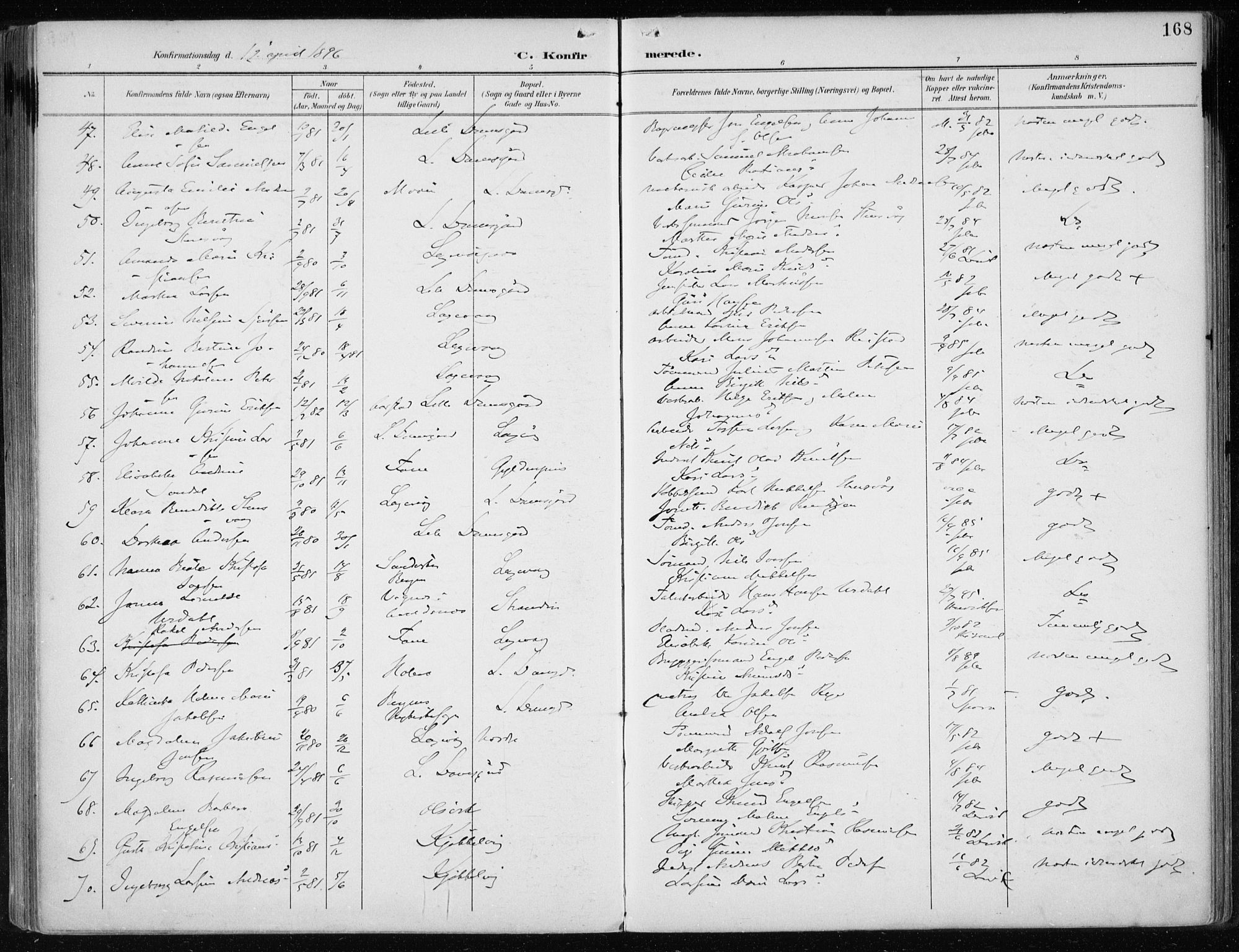 Askøy Sokneprestembete, AV/SAB-A-74101/H/Ha/Haa/Haae/L0003: Parish register (official) no. E 3, 1891-1903, p. 168