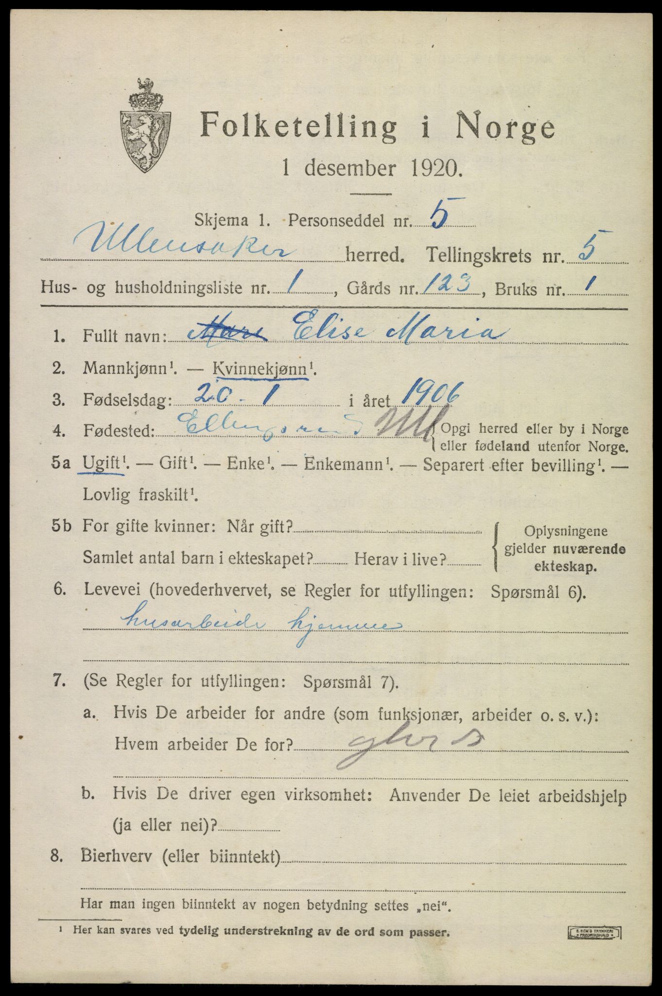 SAO, 1920 census for Ullensaker, 1920, p. 9047