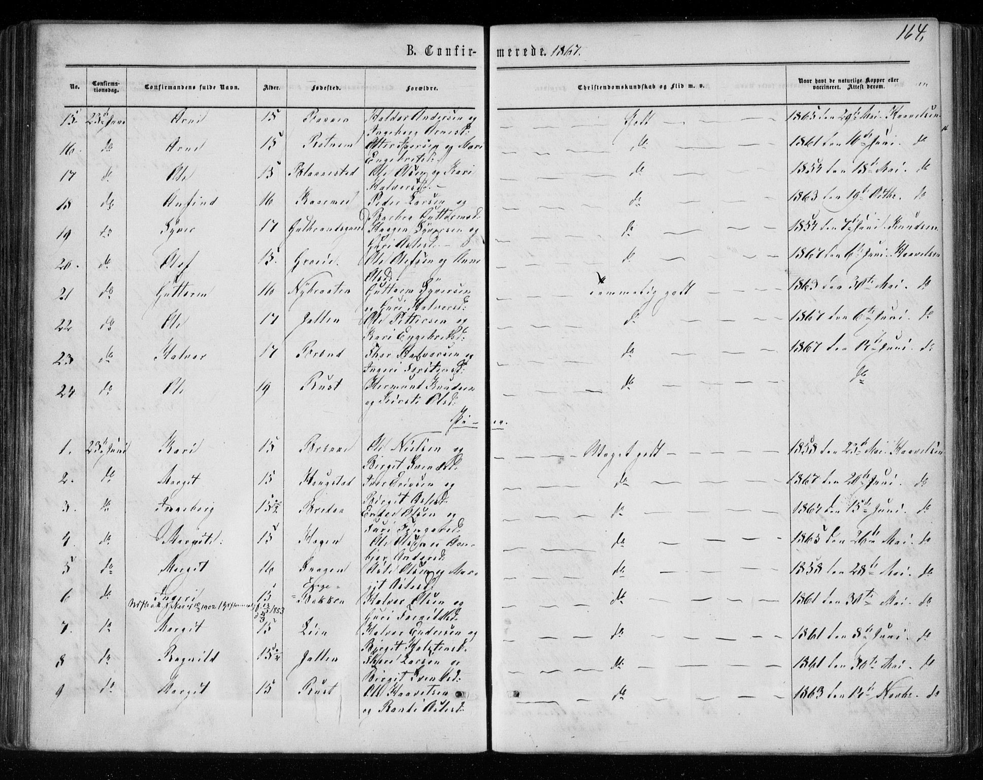 Gol kirkebøker, SAKO/A-226/F/Fa/L0003: Parish register (official) no. I 3, 1863-1875, p. 164