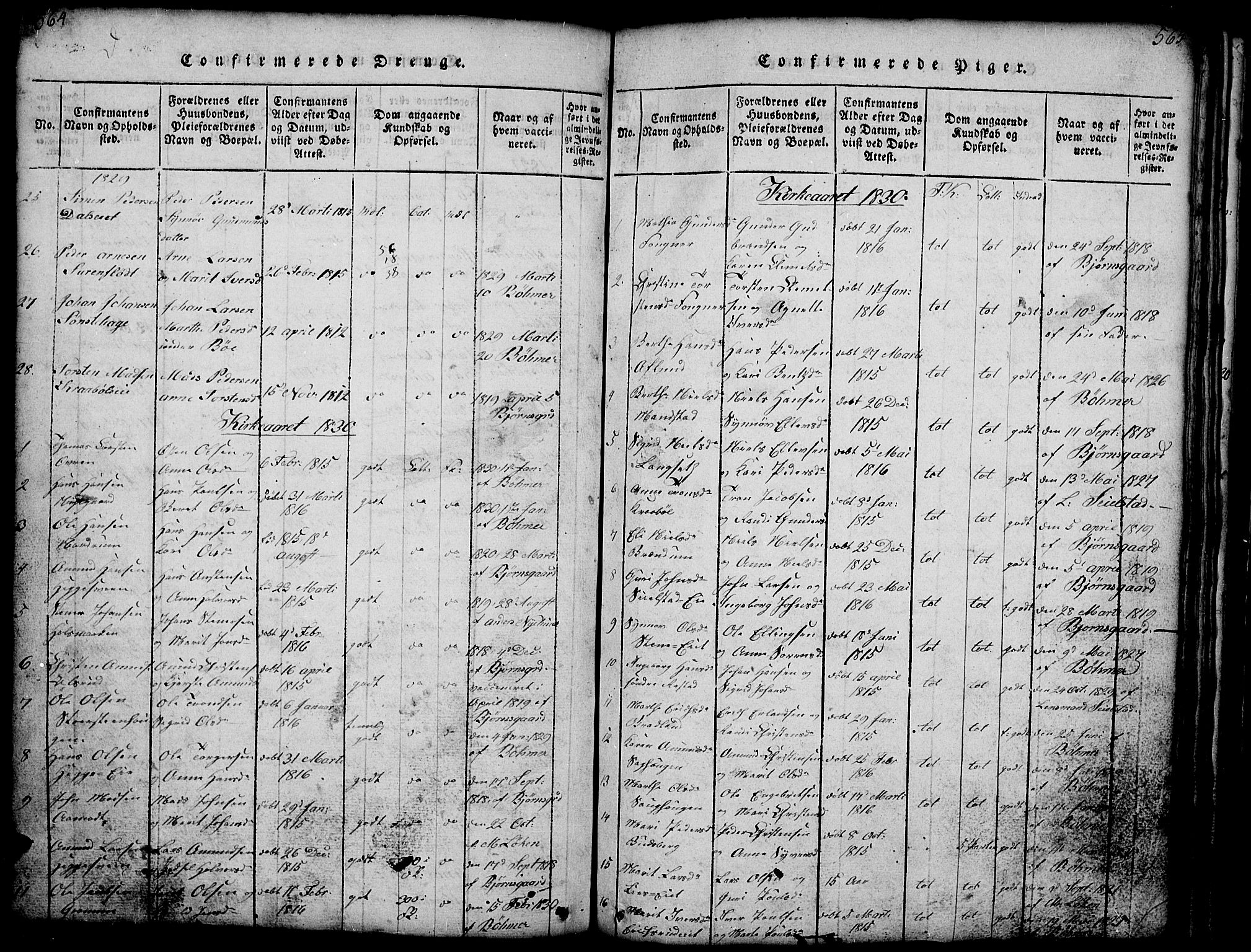 Gausdal prestekontor, SAH/PREST-090/H/Ha/Hab/L0001: Parish register (copy) no. 1, 1817-1848, p. 564-565