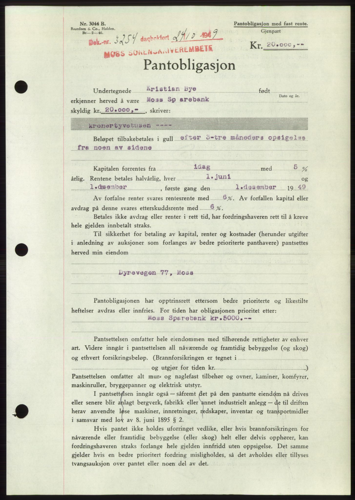 Moss sorenskriveri, SAO/A-10168: Mortgage book no. B23, 1949-1950, Diary no: : 3254/1949