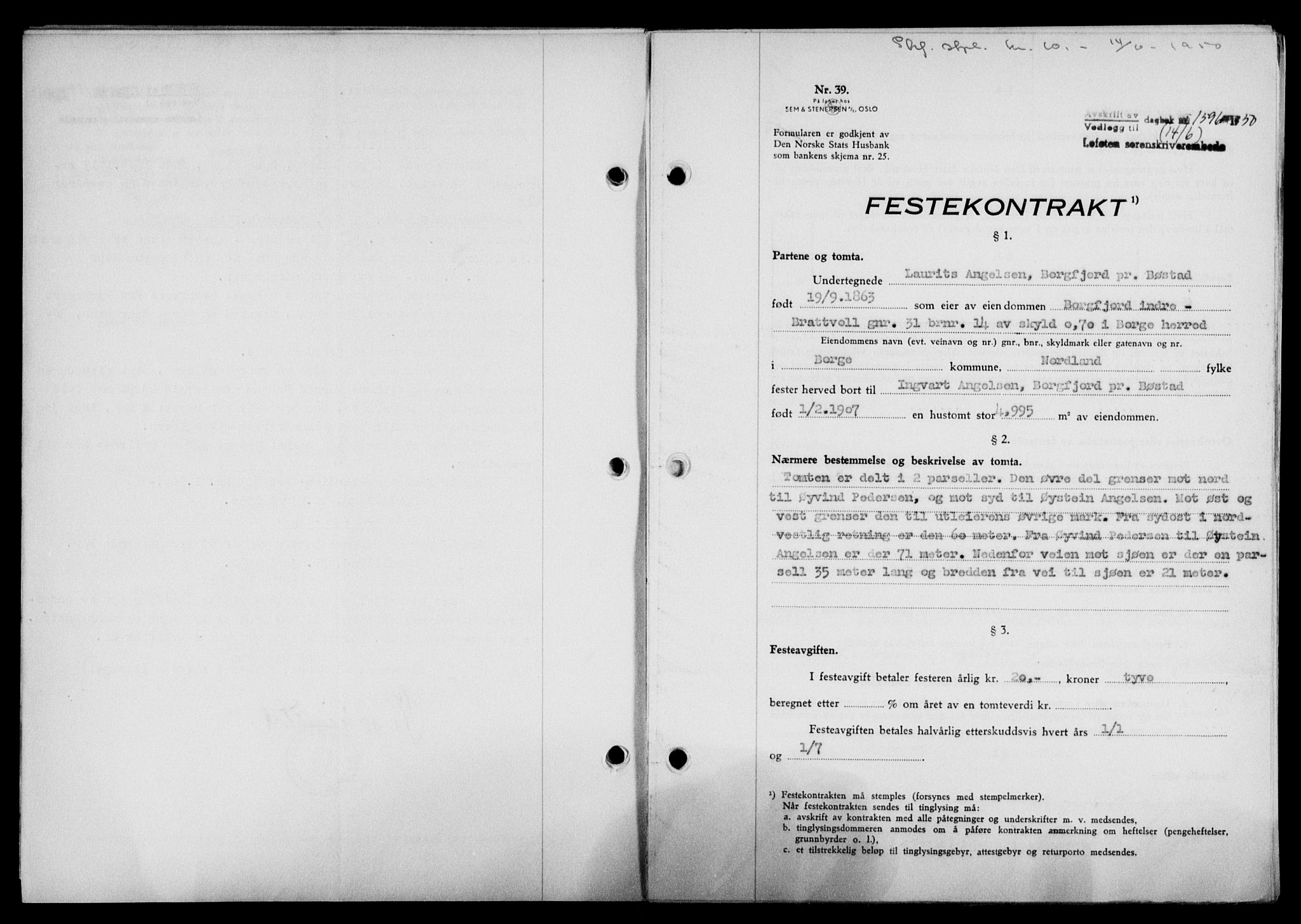 Lofoten sorenskriveri, SAT/A-0017/1/2/2C/L0023a: Mortgage book no. 23a, 1950-1950, Diary no: : 1596/1950