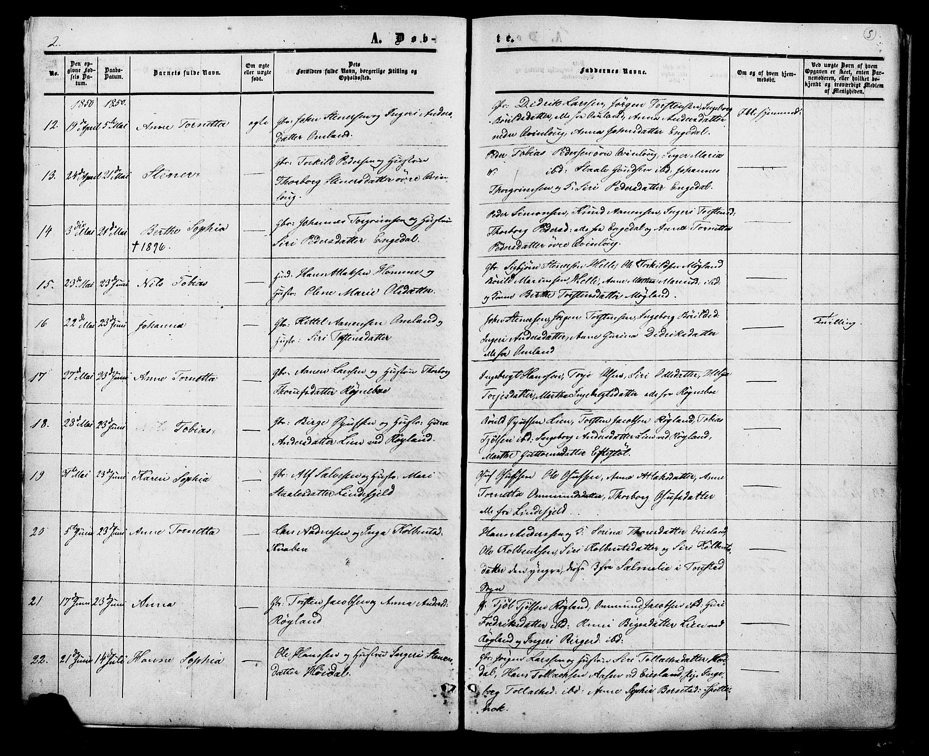 Fjotland sokneprestkontor, SAK/1111-0010/F/Fa/L0001: Parish register (official) no. A 1, 1850-1879, p. 5