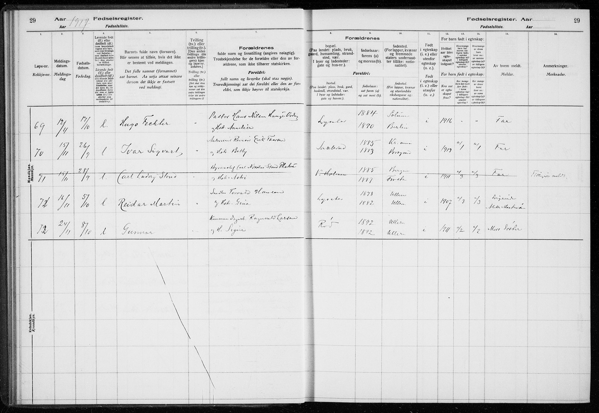 Ullern prestekontor Kirkebøker, SAO/A-10740/J/L0001: Birth register no. 1, 1916-1928, p. 29