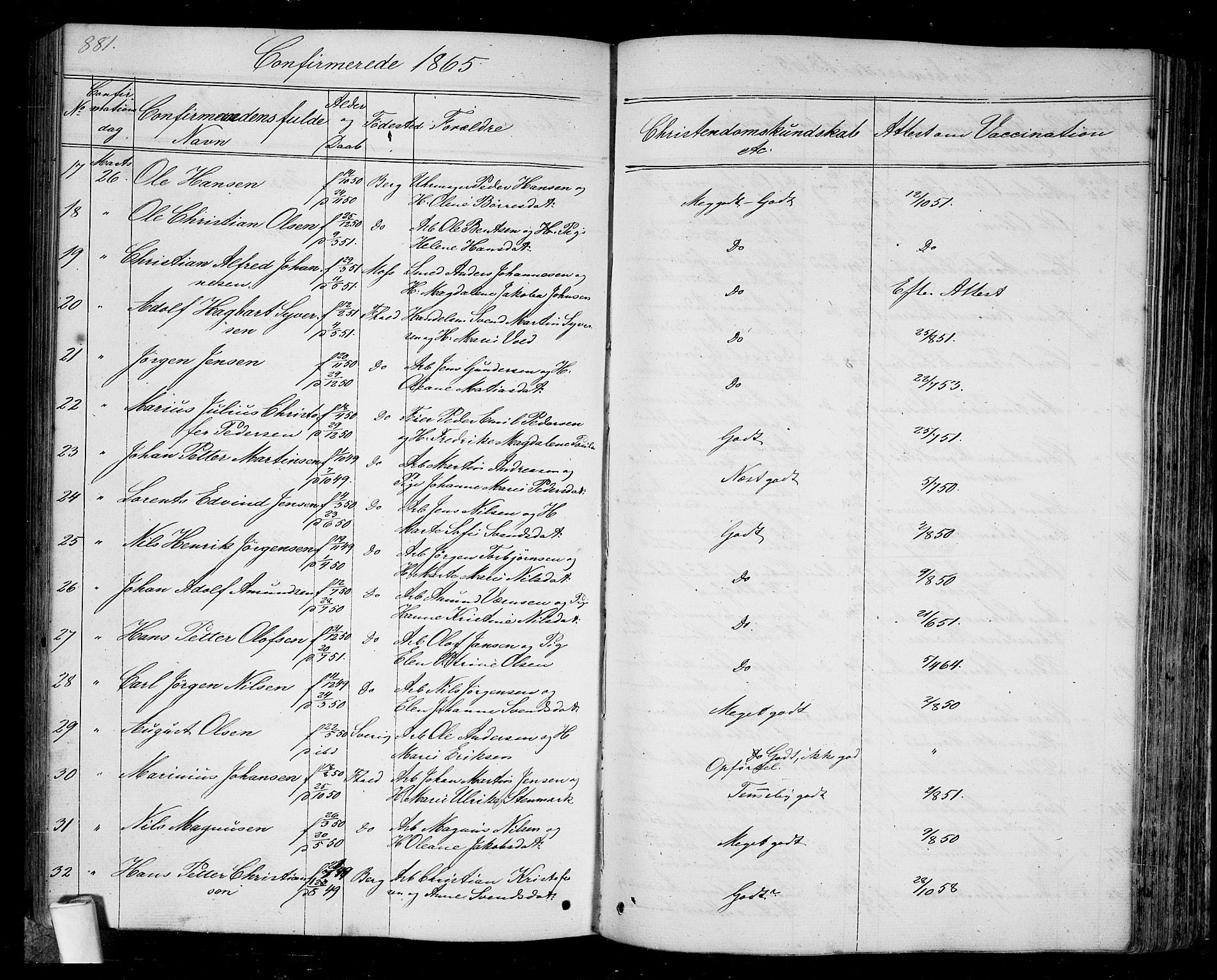 Halden prestekontor Kirkebøker, SAO/A-10909/G/Ga/L0005b: Parish register (copy) no. 5B, 1864-1868, p. 881