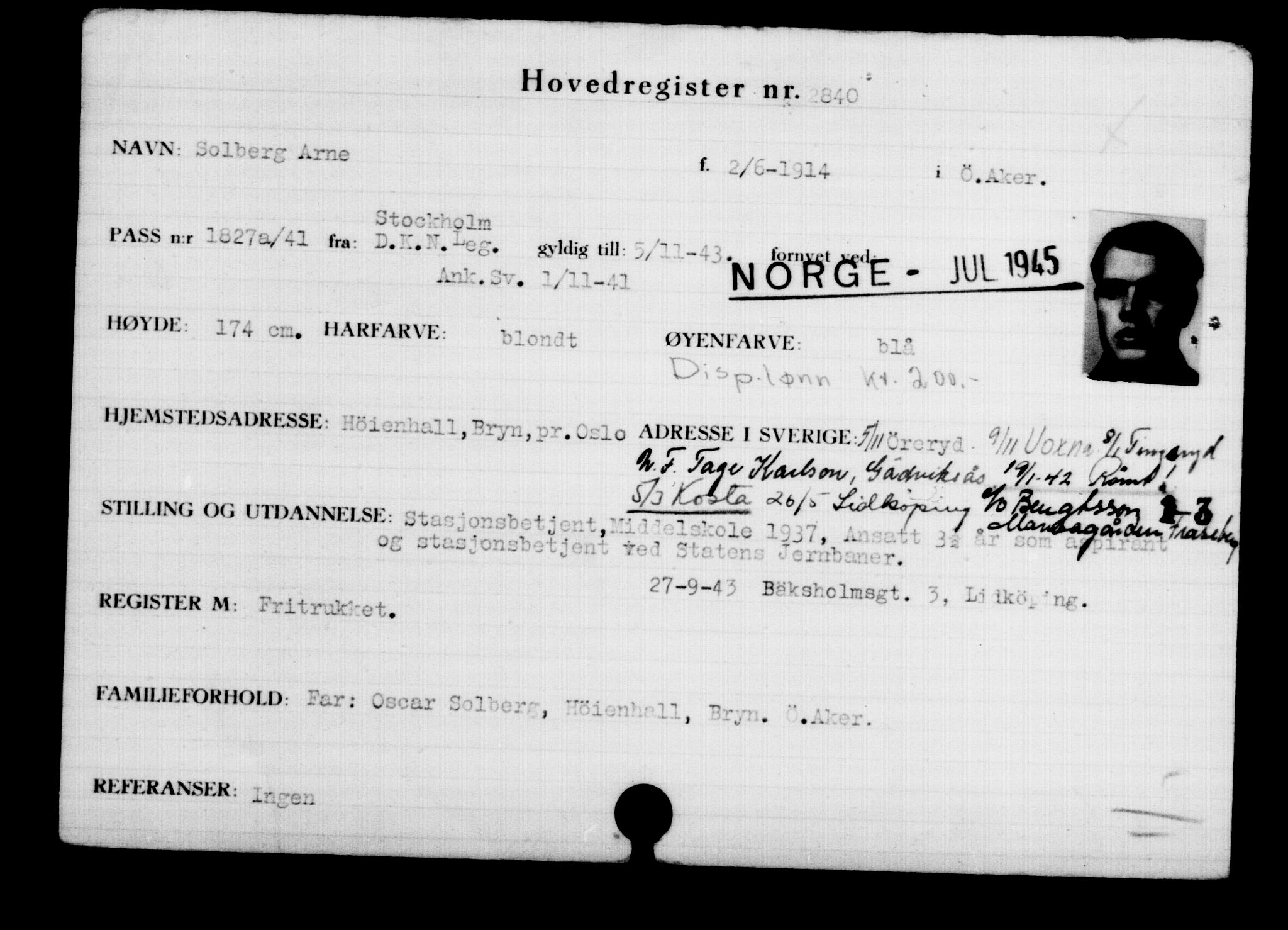Utenriksstasjonene, Legasjonen i Stockholm, Flyktningkontoret, AV/RA-S-6753/V/Va/L0003: Kjesäterkartoteket, flyktninger med registreringsnr. 2001-3495, 1940-1945, p. 1237
