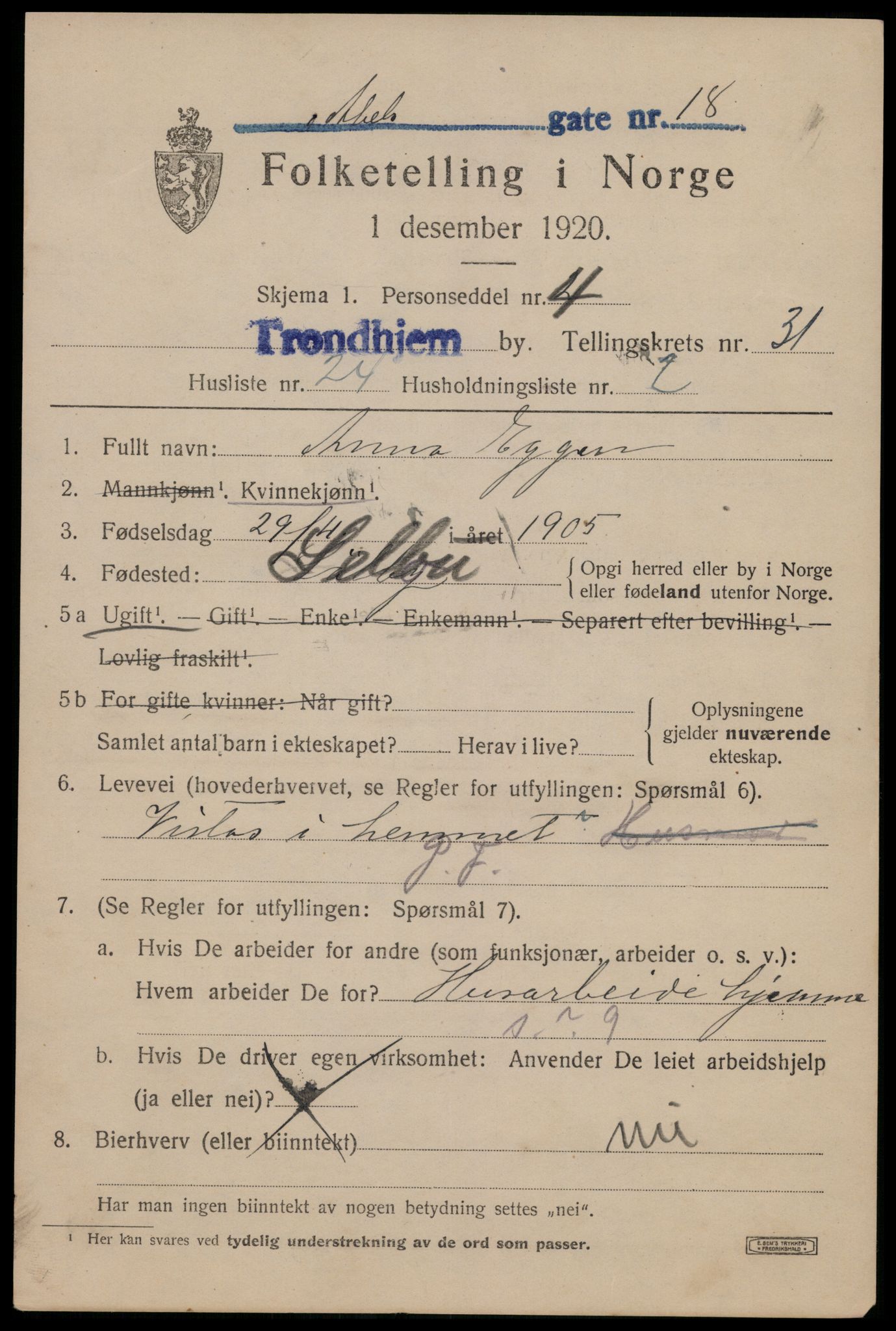 SAT, 1920 census for Trondheim, 1920, p. 77024