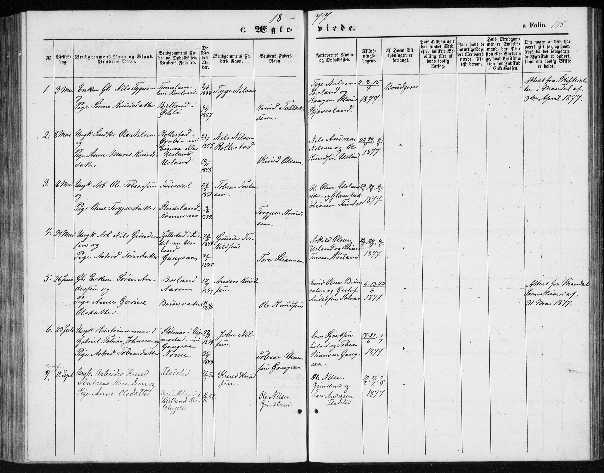 Holum sokneprestkontor, AV/SAK-1111-0022/F/Fb/Fbc/L0002: Parish register (copy) no. B 2, 1860-1882, p. 185