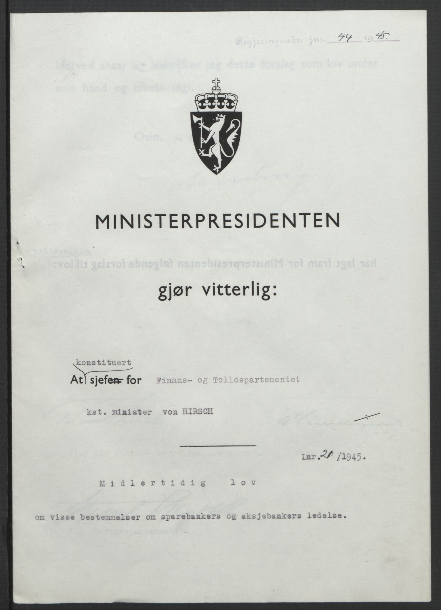 NS-administrasjonen 1940-1945 (Statsrådsekretariatet, de kommisariske statsråder mm), RA/S-4279/D/Db/L0101/0001: -- / Lover og vedtak, 1945, p. 85
