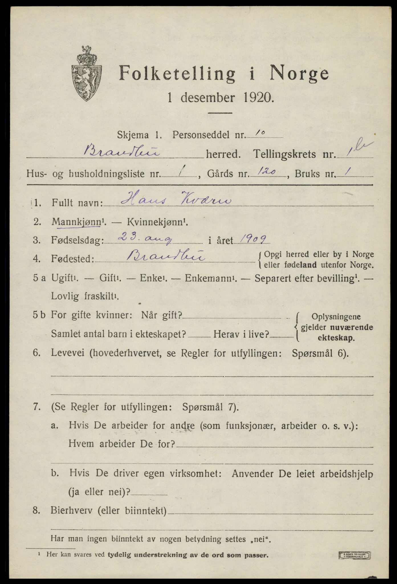 SAH, 1920 census for Brandbu, 1920, p. 3087