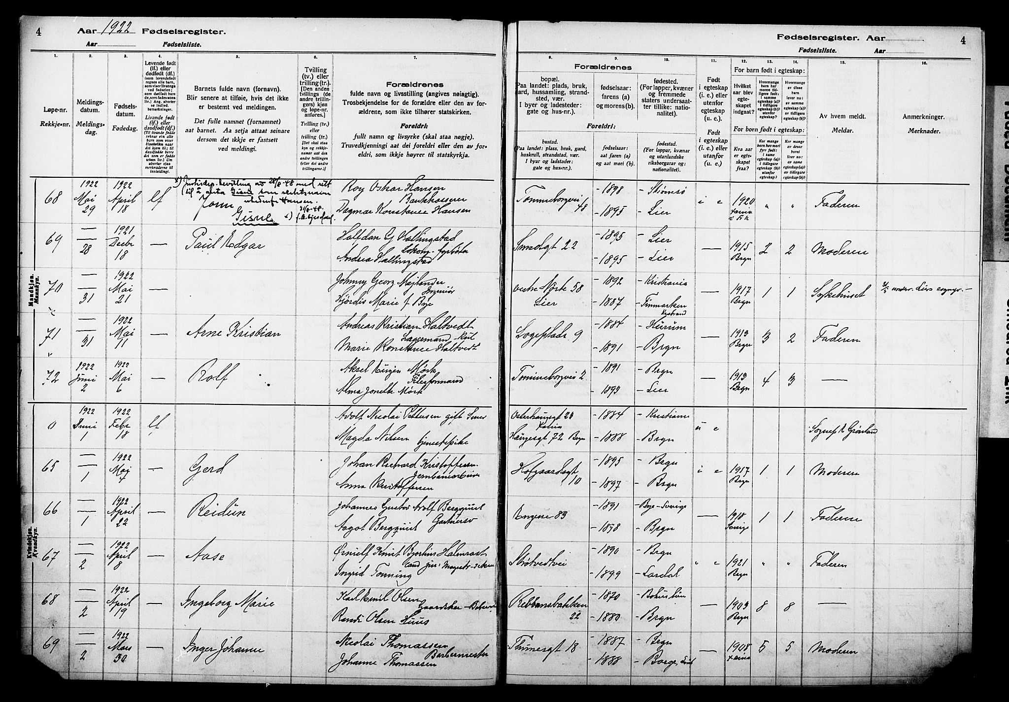 Bragernes kirkebøker, AV/SAKO-A-6/J/Ja/L0002: Birth register no. 2, 1922-1930, p. 4