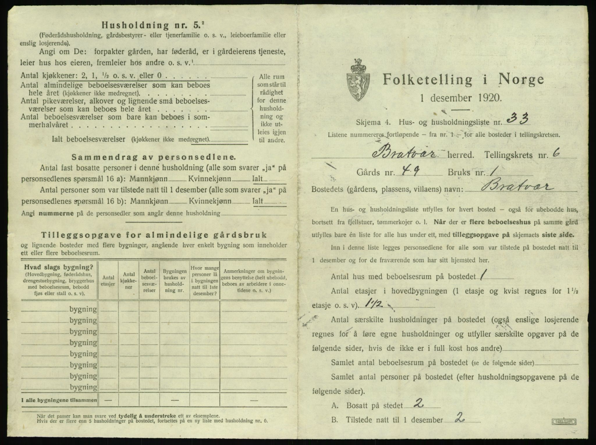 SAT, 1920 census for Brattvær, 1920, p. 494