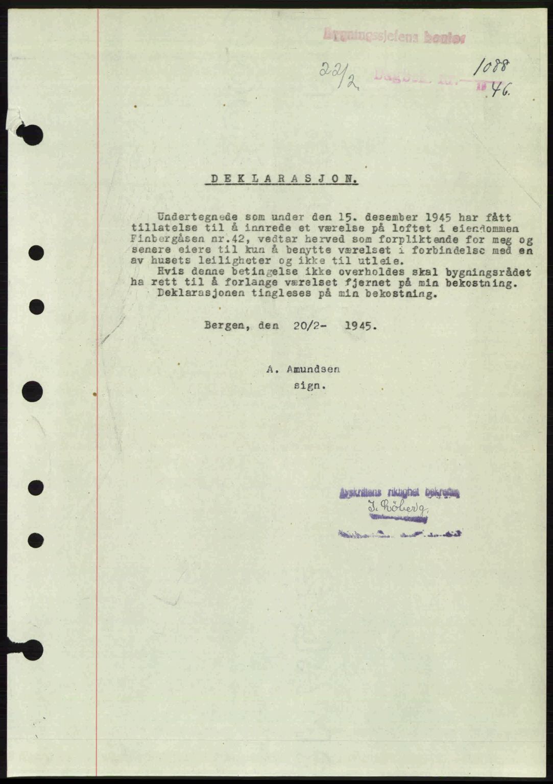 Byfogd og Byskriver i Bergen, SAB/A-3401/03/03Bc/L0022: Mortgage book no. A18, 1946-1946, Diary no: : 1088/1946