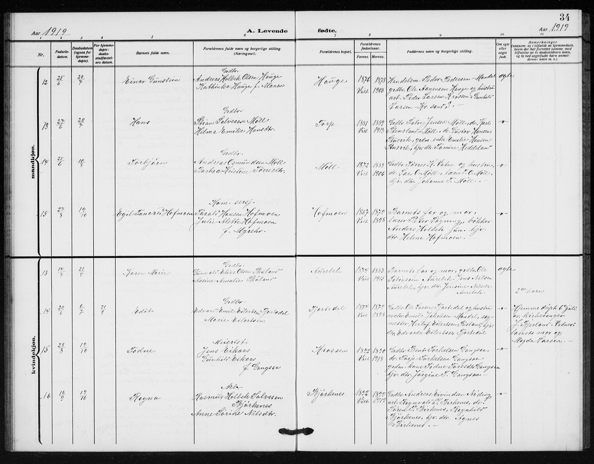 Holum sokneprestkontor, AV/SAK-1111-0022/F/Fb/Fba/L0006: Parish register (copy) no. B 6, 1910-1936, p. 34