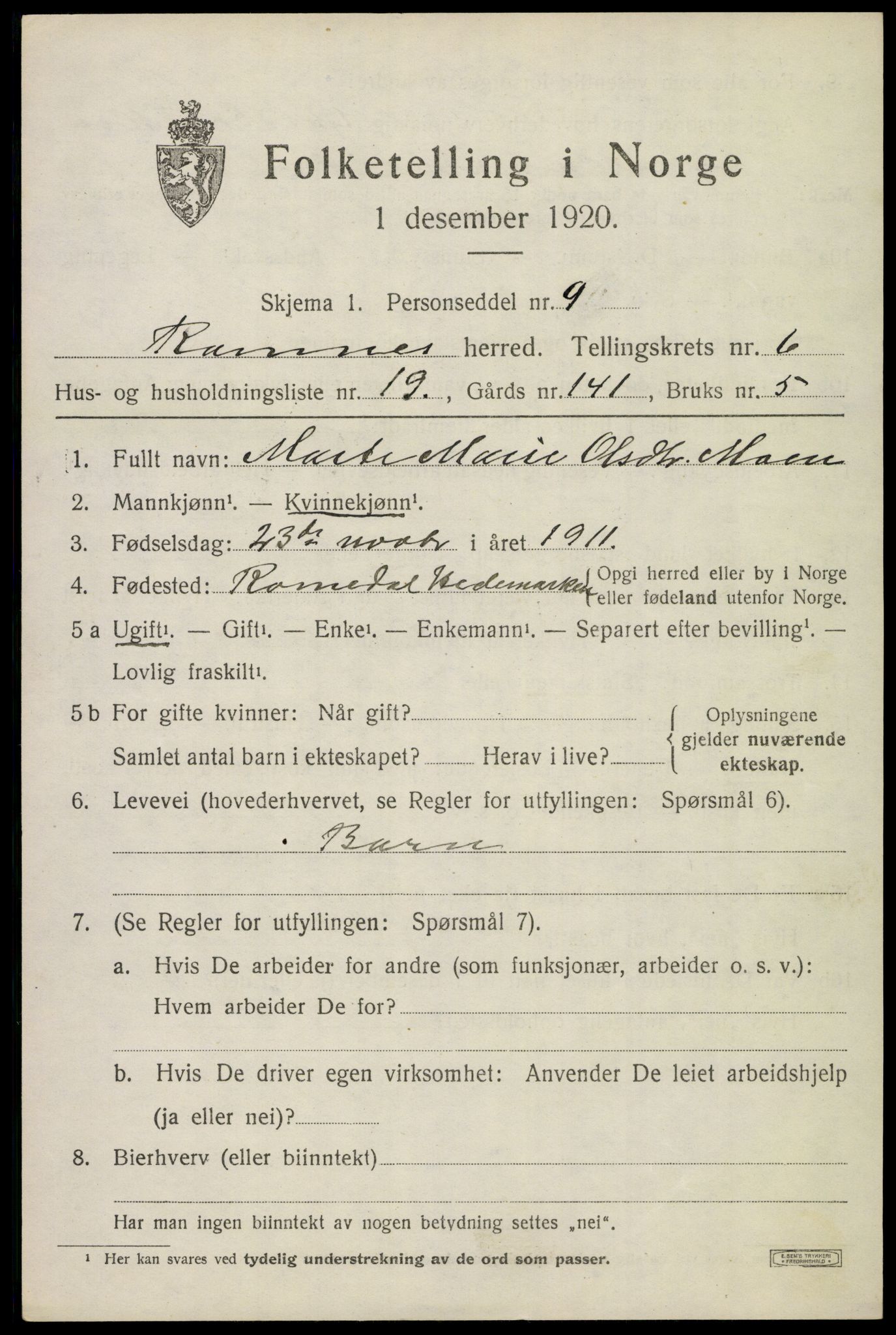SAKO, 1920 census for Ramnes, 1920, p. 6380