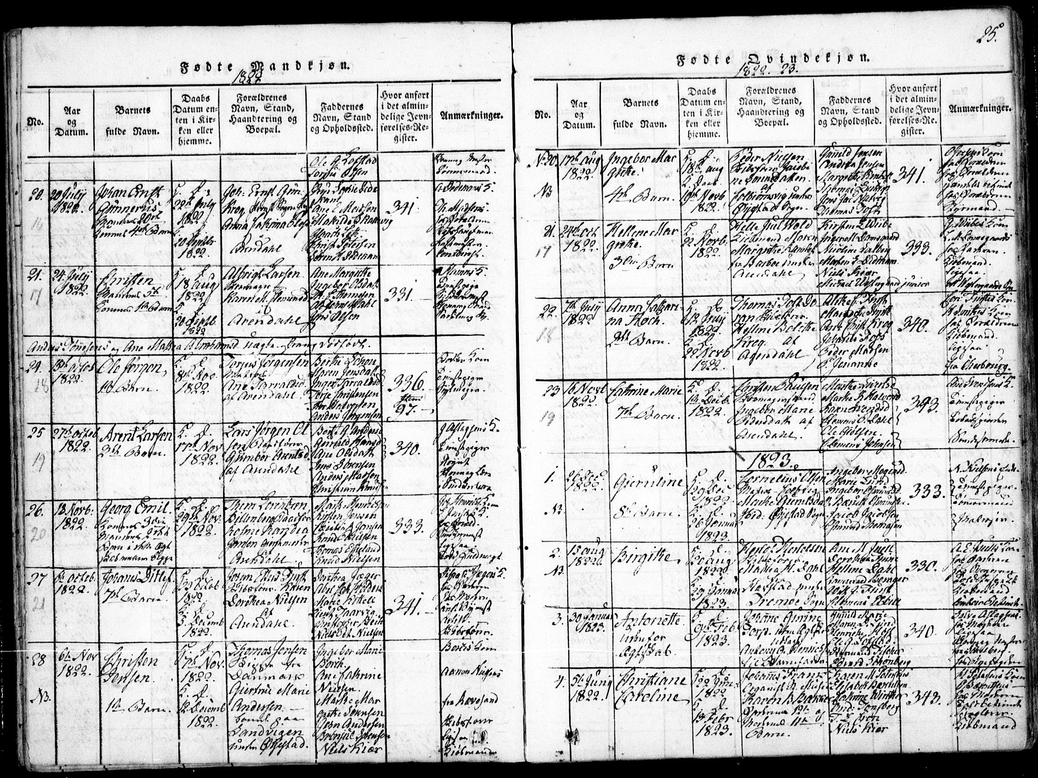 Arendal sokneprestkontor, Trefoldighet, SAK/1111-0040/F/Fa/L0004: Parish register (official) no. A 4, 1816-1839, p. 25