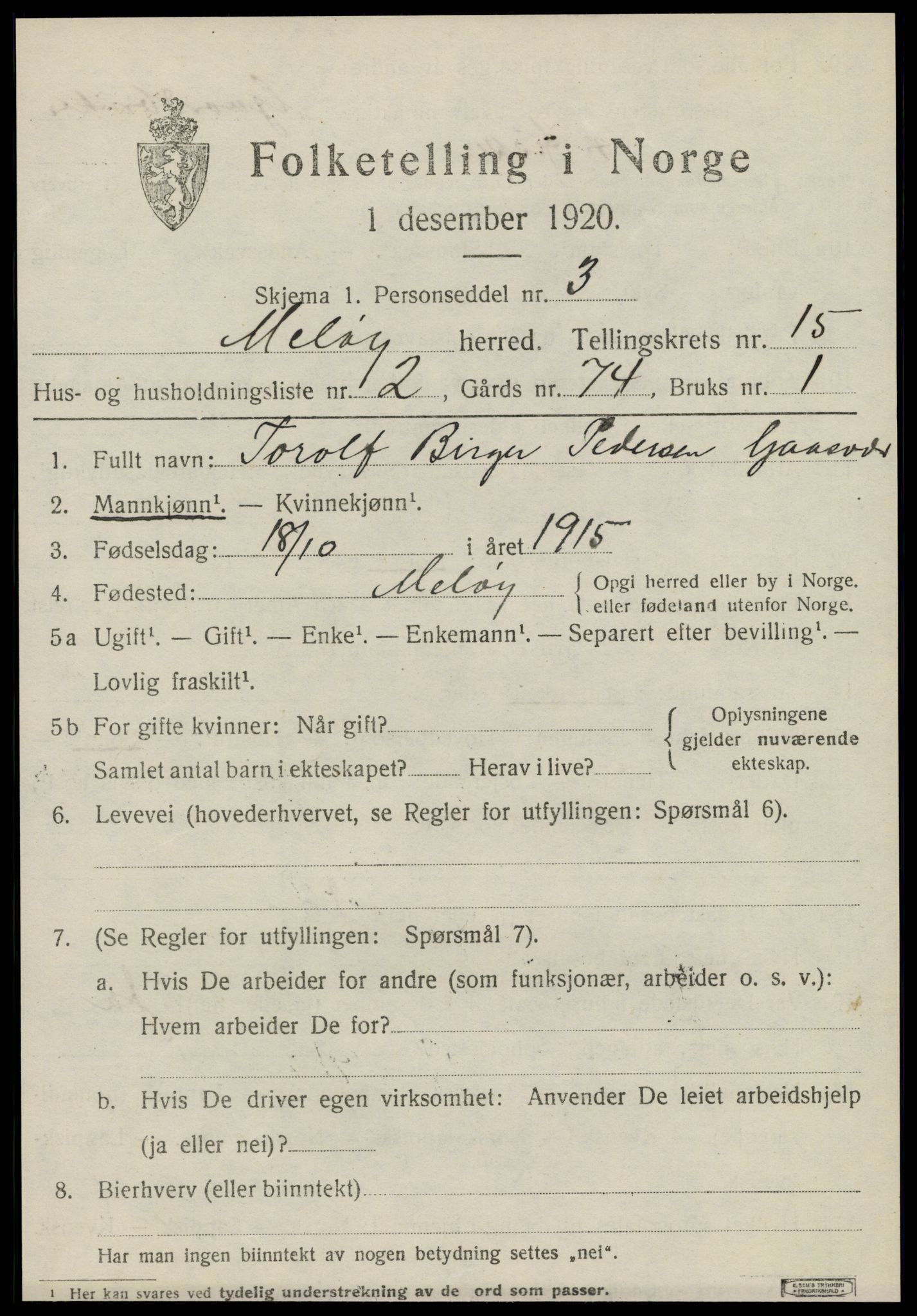 SAT, 1920 census for Meløy, 1920, p. 10075