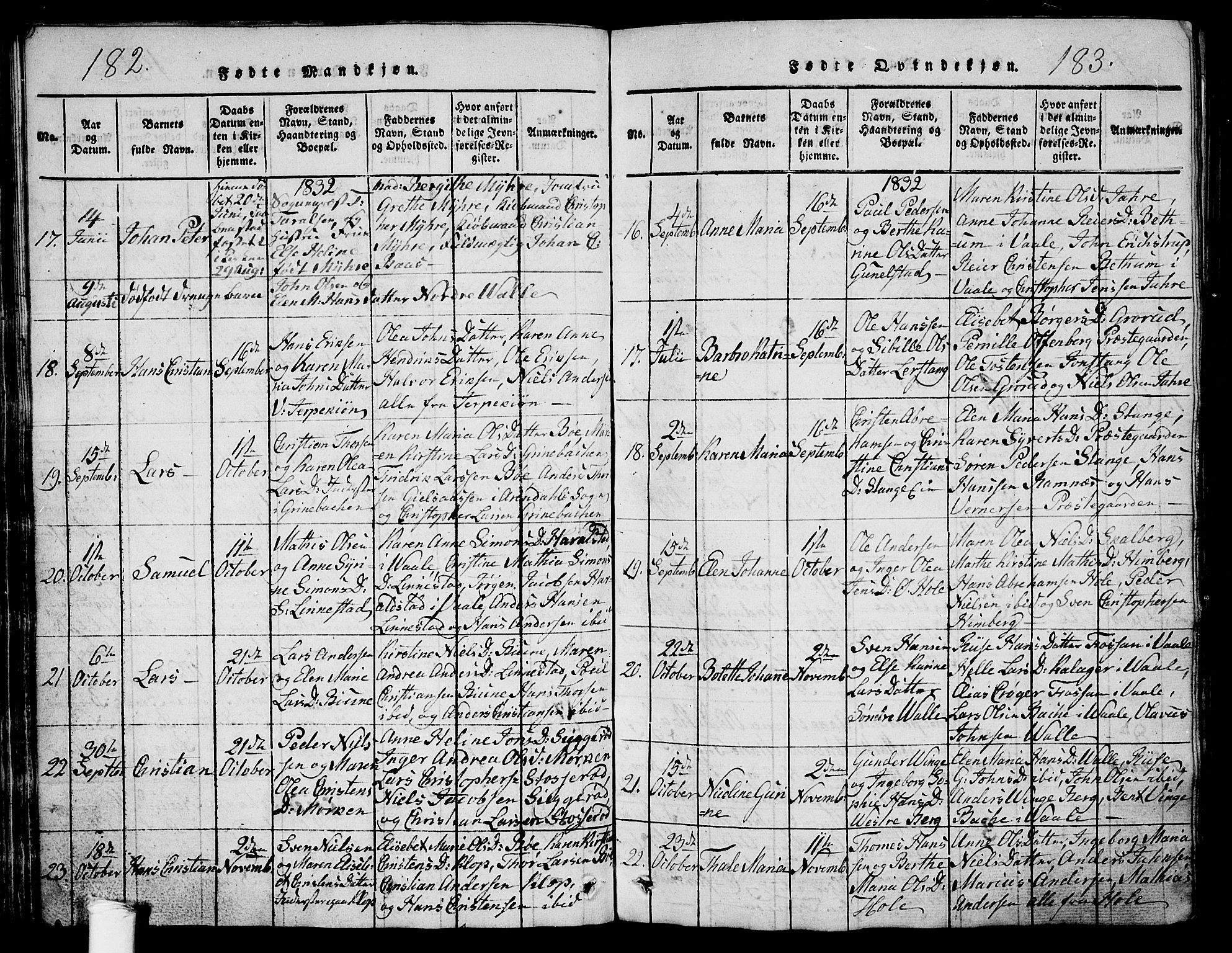 Ramnes kirkebøker, AV/SAKO-A-314/G/Ga/L0001: Parish register (copy) no. I 1, 1813-1847, p. 182-183