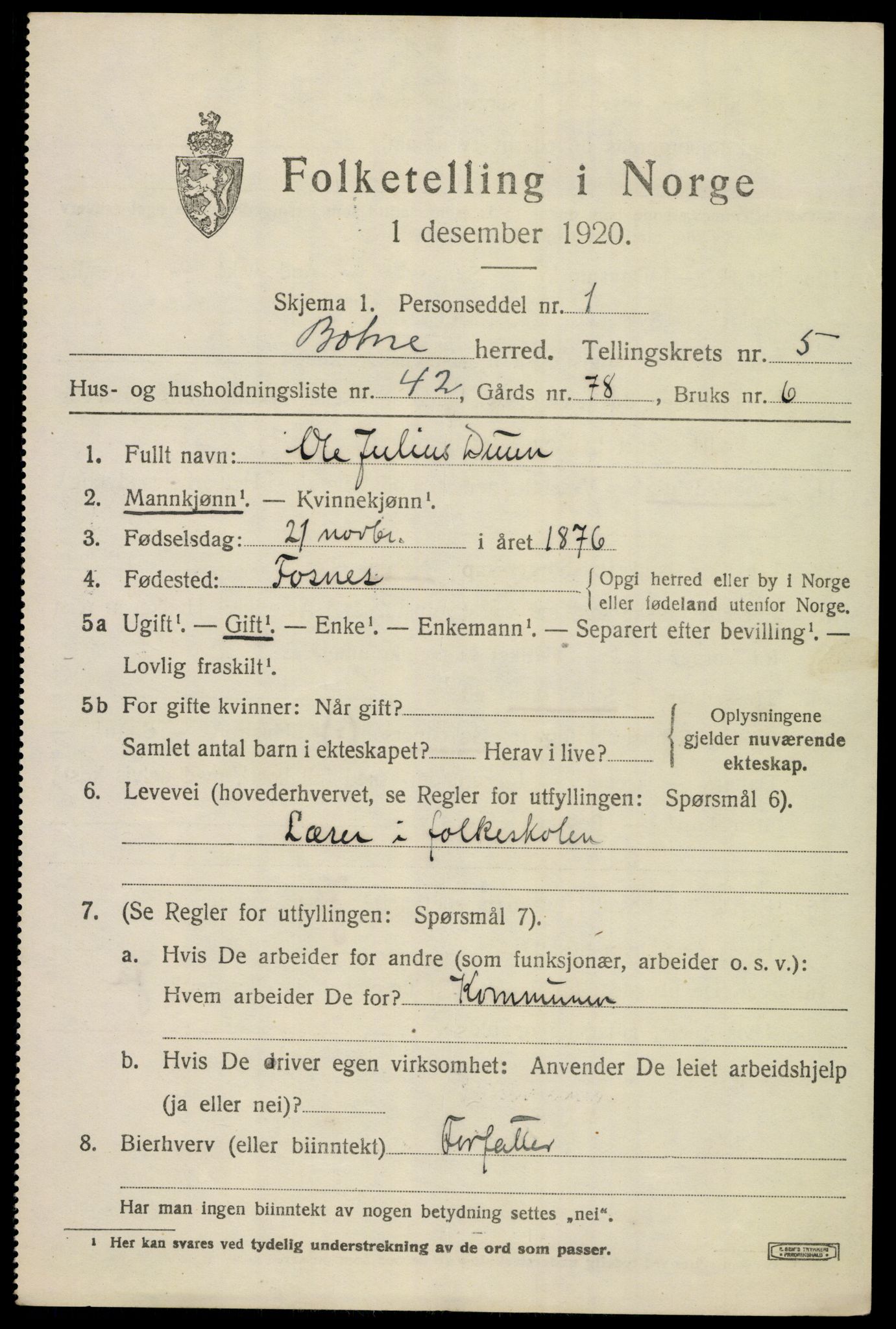 SAKO, 1920 census for Botne, 1920, p. 4711