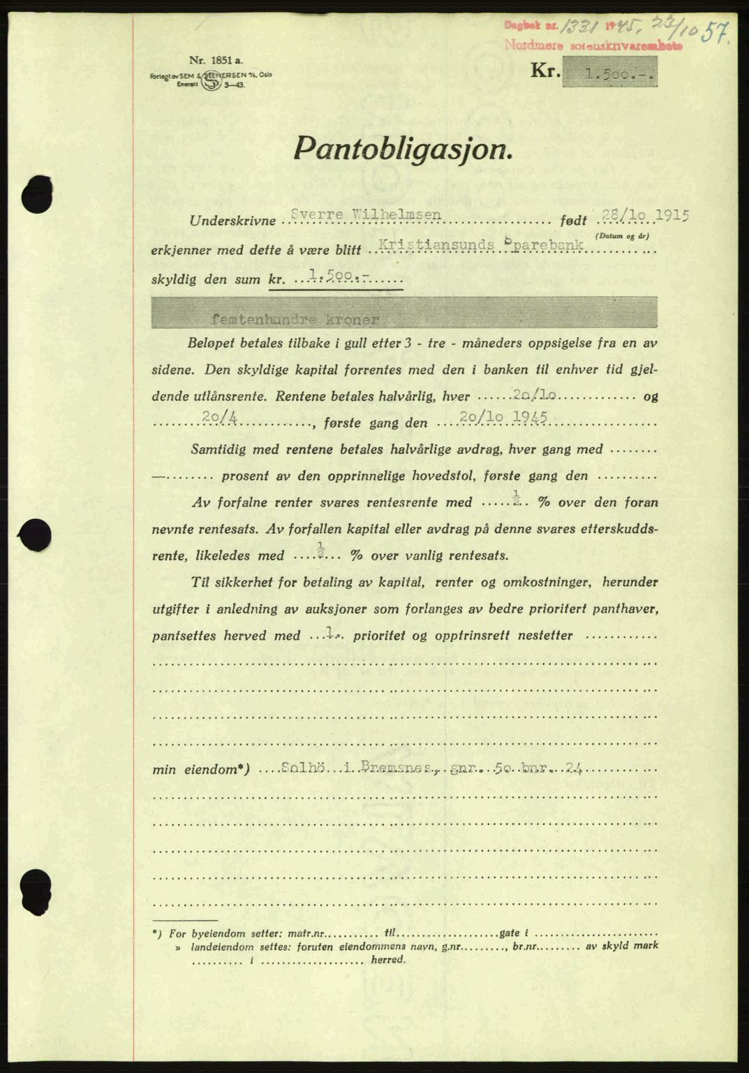 Nordmøre sorenskriveri, AV/SAT-A-4132/1/2/2Ca: Mortgage book no. B93a, 1945-1945, Diary no: : 1331/1945