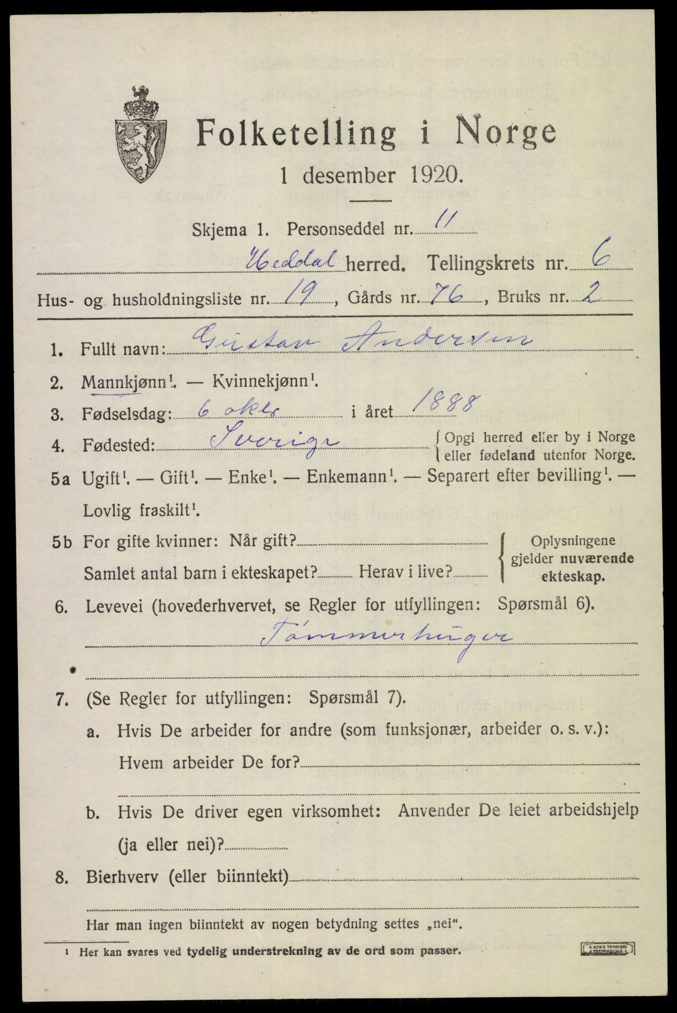 SAKO, 1920 census for Heddal, 1920, p. 5406