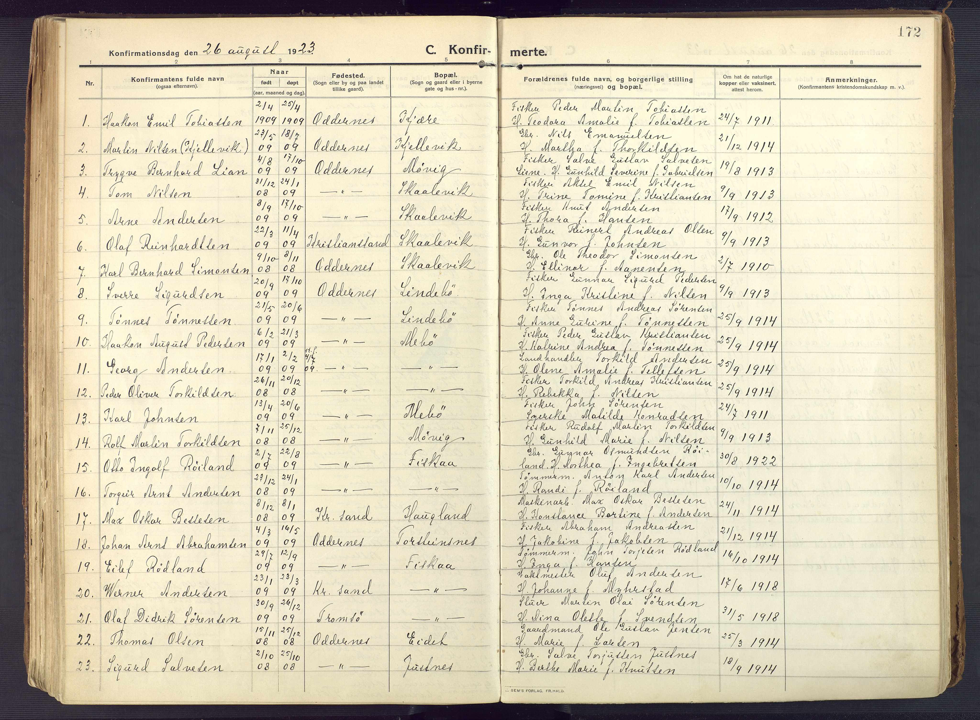 Oddernes sokneprestkontor, AV/SAK-1111-0033/F/Fa/Faa/L0012: Parish register (official) no. A 12, 1912-1925, p. 172