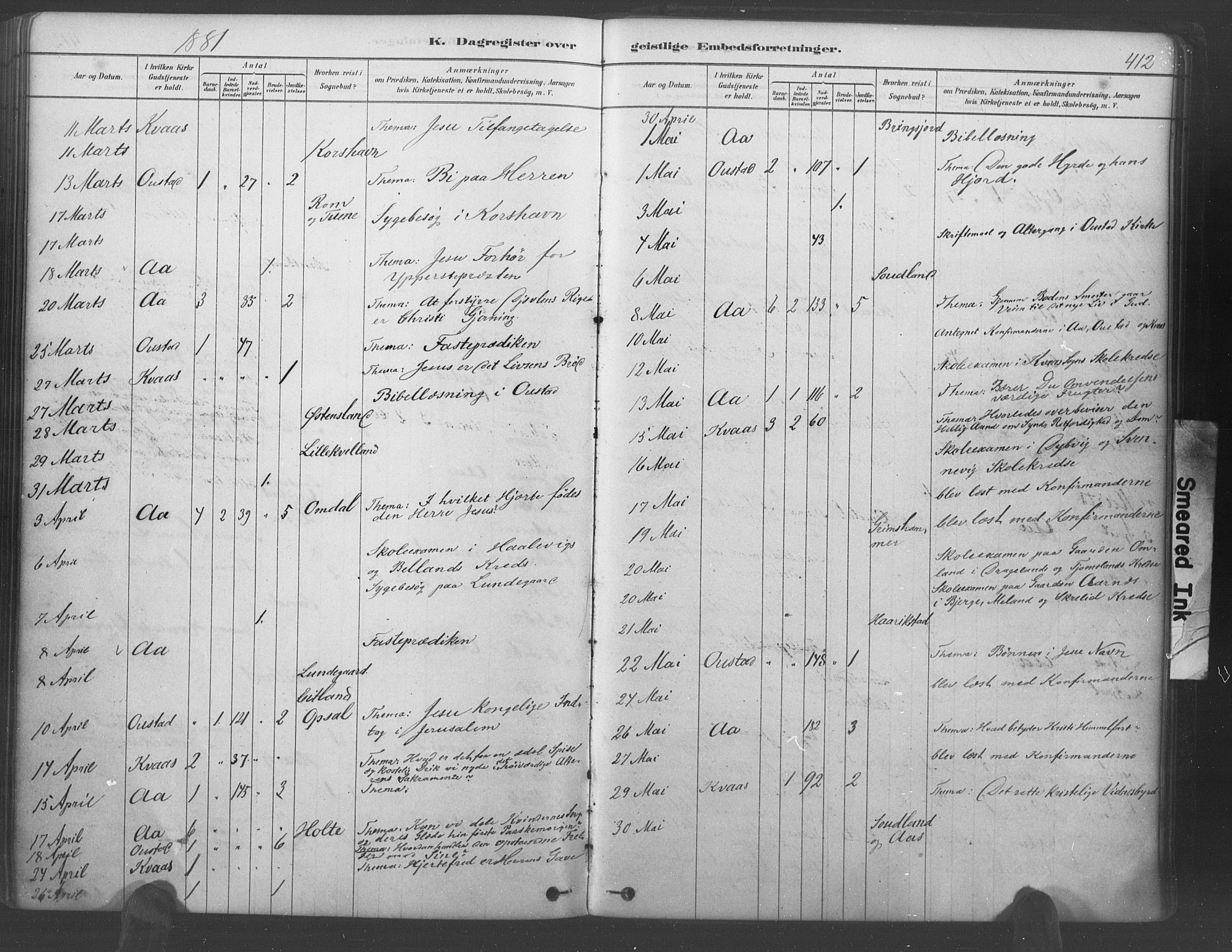 Lyngdal sokneprestkontor, AV/SAK-1111-0029/F/Fa/Fac/L0011: Parish register (official) no. A 11, 1878-1893, p. 412