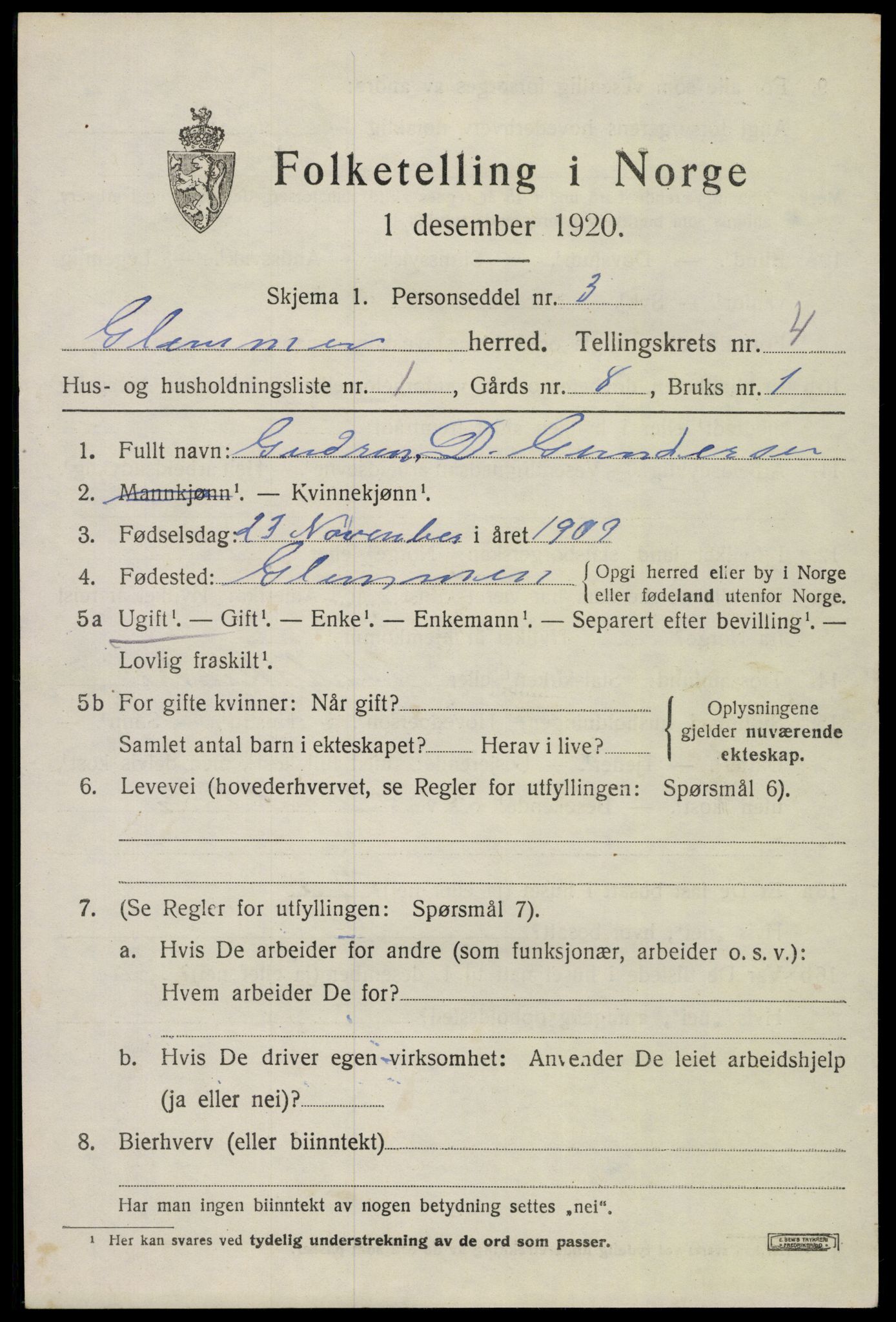 SAO, 1920 census for Glemmen, 1920, p. 15005