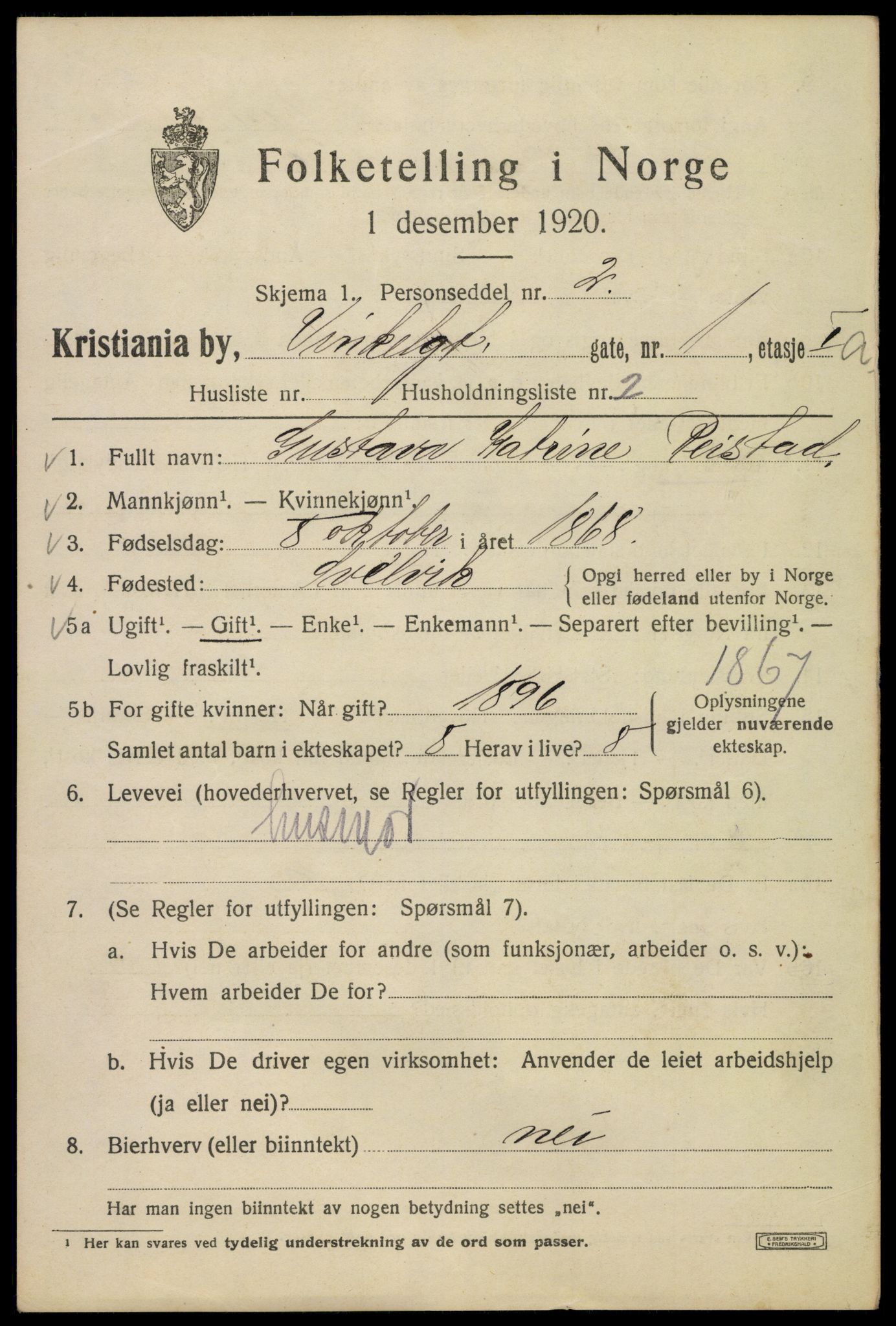 SAO, 1920 census for Kristiania, 1920, p. 636801