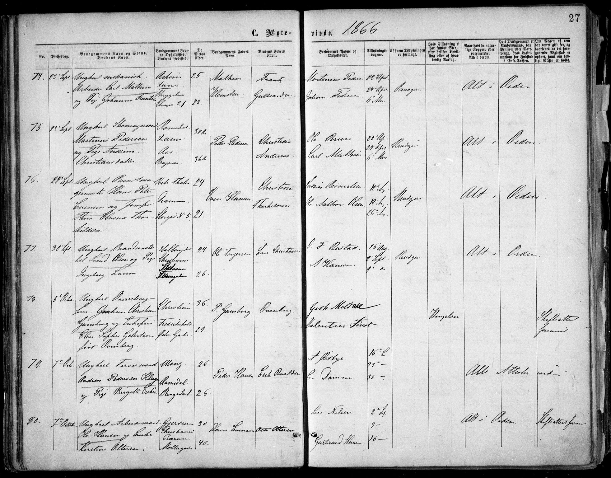 Oslo domkirke Kirkebøker, SAO/A-10752/F/Fa/L0021: Parish register (official) no. 21, 1865-1884, p. 27