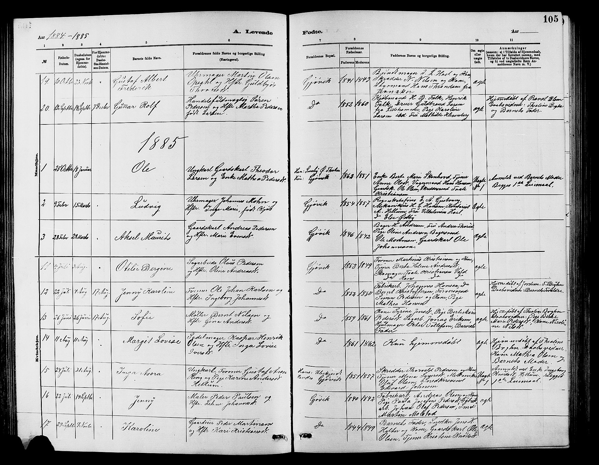Vardal prestekontor, SAH/PREST-100/H/Ha/Hab/L0007: Parish register (copy) no. 7 /2, 1881-1895, p. 105