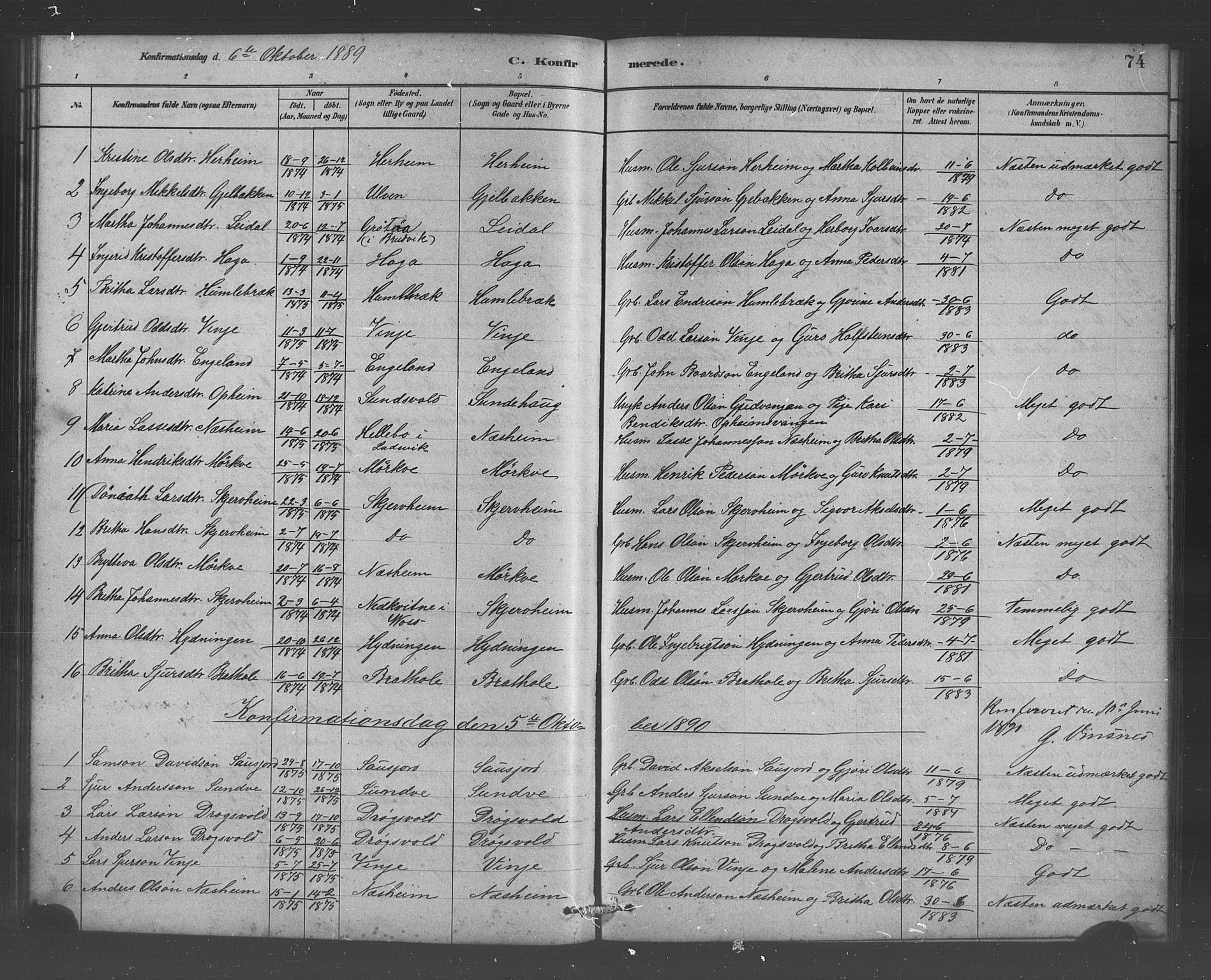 Vossestrand Sokneprestembete, SAB/A-79101/H/Hab: Parish register (copy) no. B 3, 1880-1907, p. 74