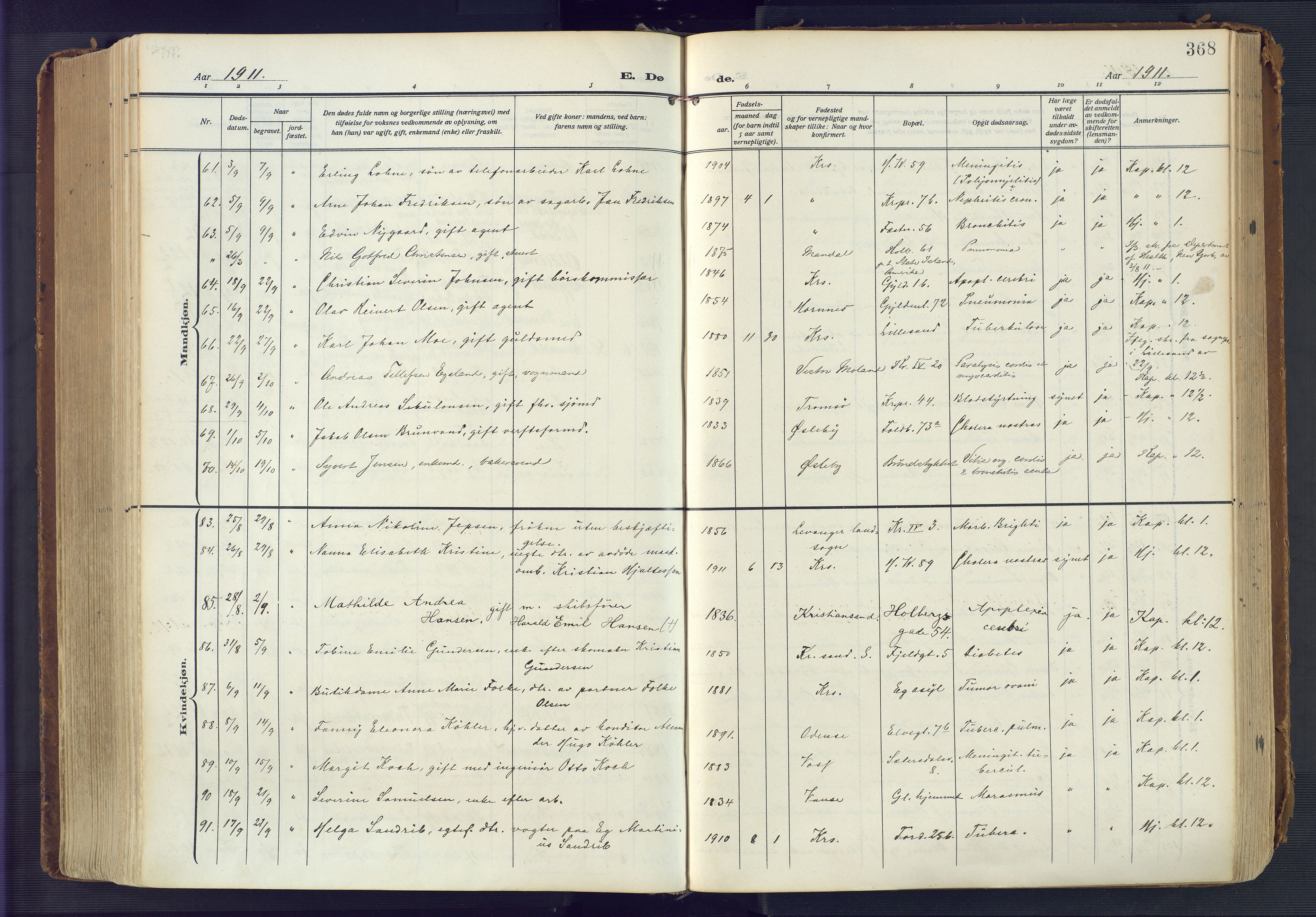 Kristiansand domprosti, AV/SAK-1112-0006/F/Fa/L0023: Parish register (official) no. A 22, 1909-1917, p. 368