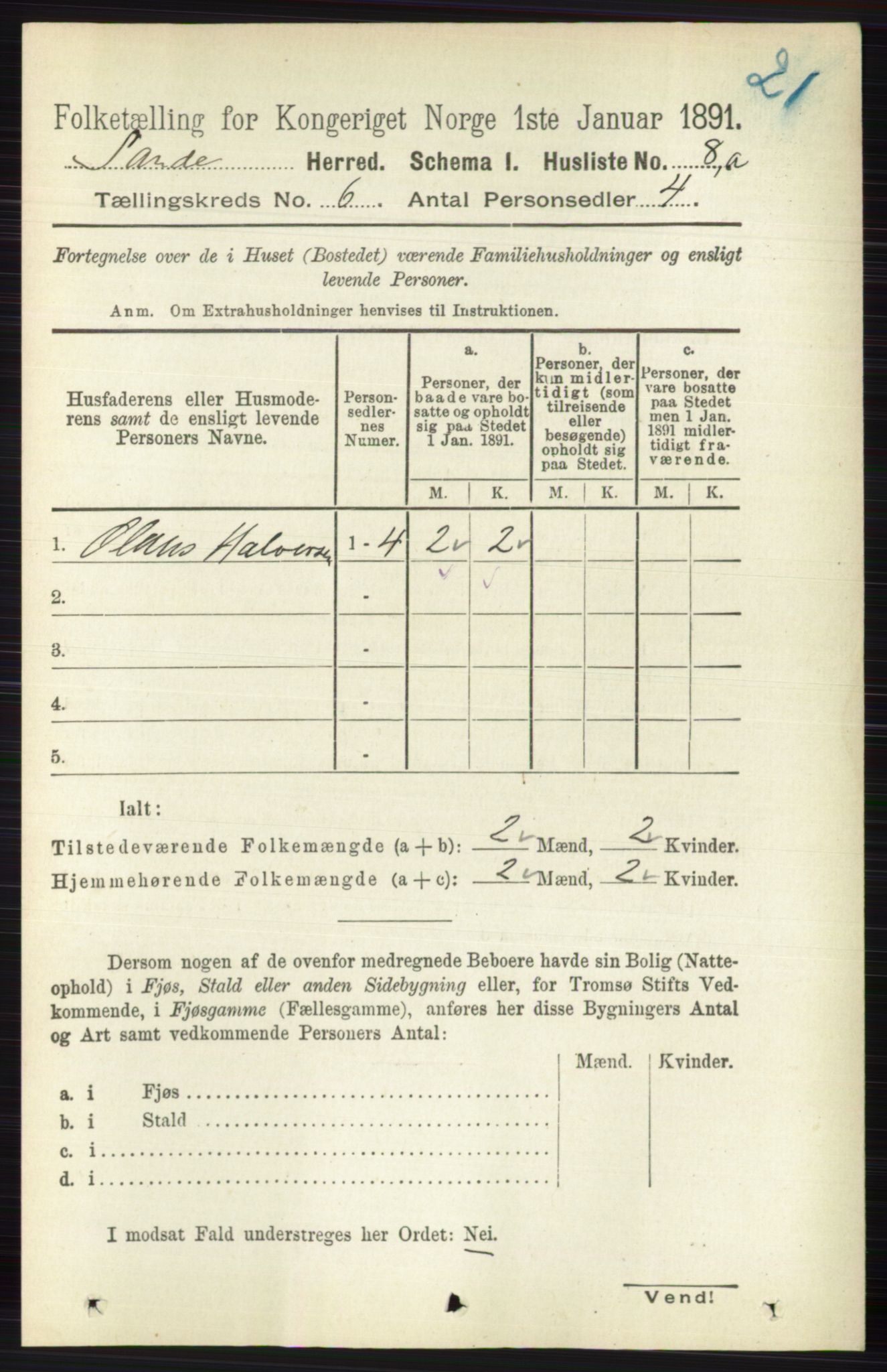 RA, 1891 census for 0713 Sande, 1891, p. 2617