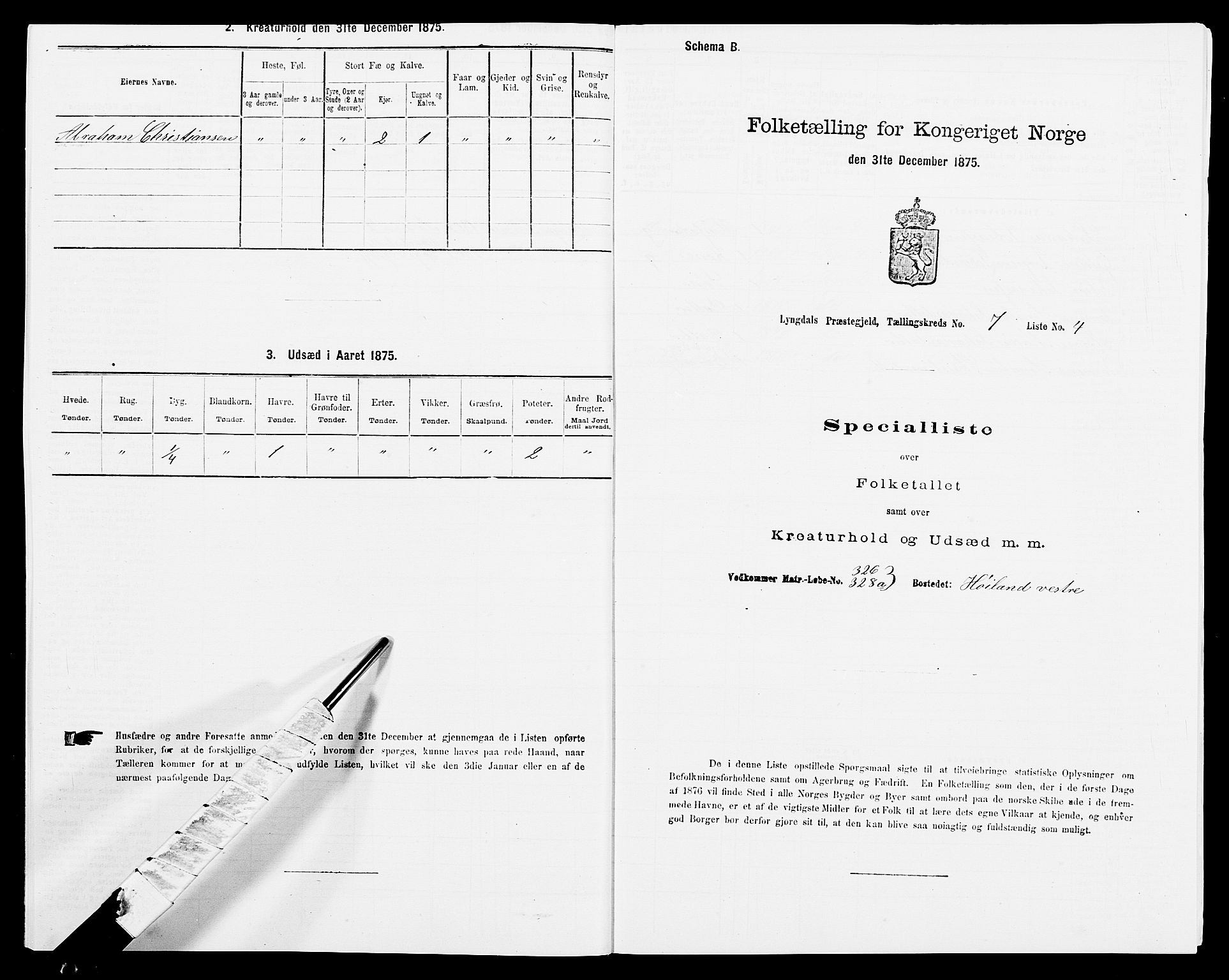 SAK, 1875 census for 1032P Lyngdal, 1875, p. 1107