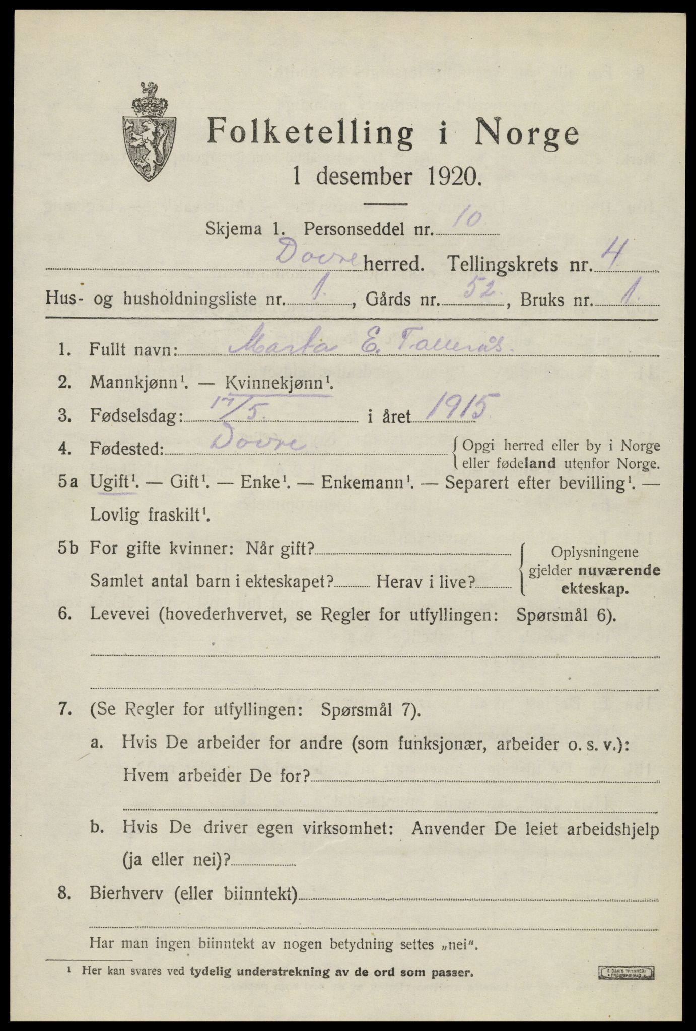 SAH, 1920 census for Dovre, 1920, p. 4560