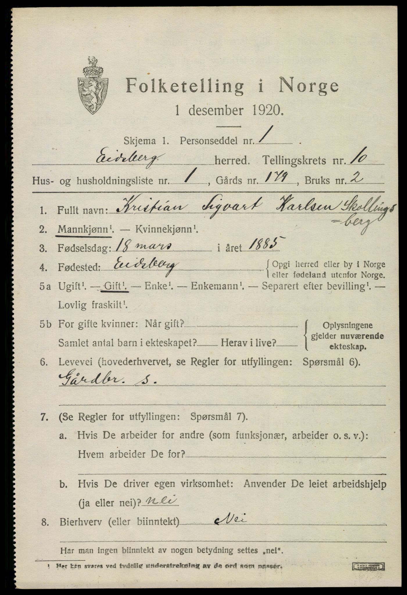 SAO, 1920 census for Eidsberg, 1920, p. 11937