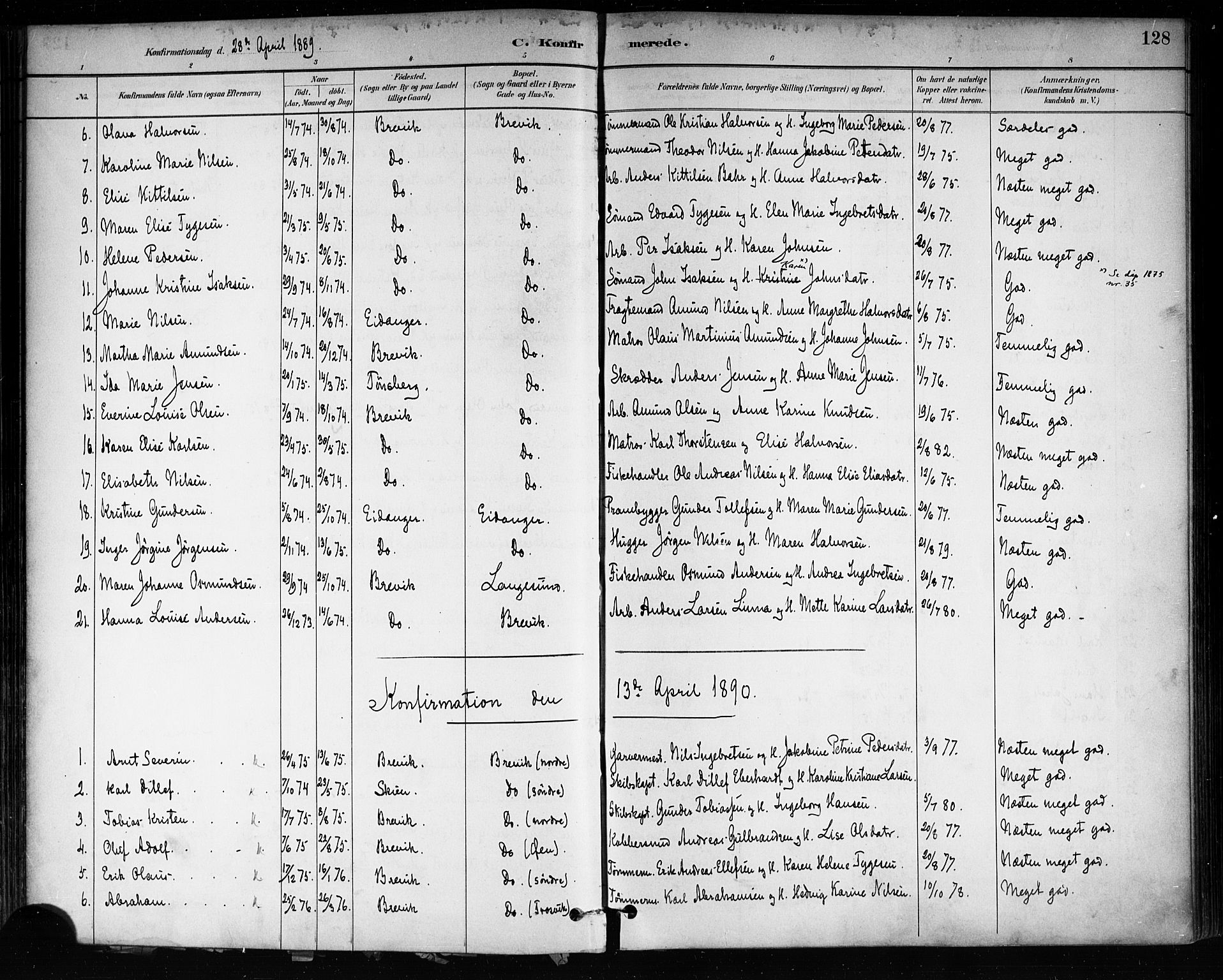 Brevik kirkebøker, SAKO/A-255/F/Fa/L0007: Parish register (official) no. 7, 1882-1900, p. 128