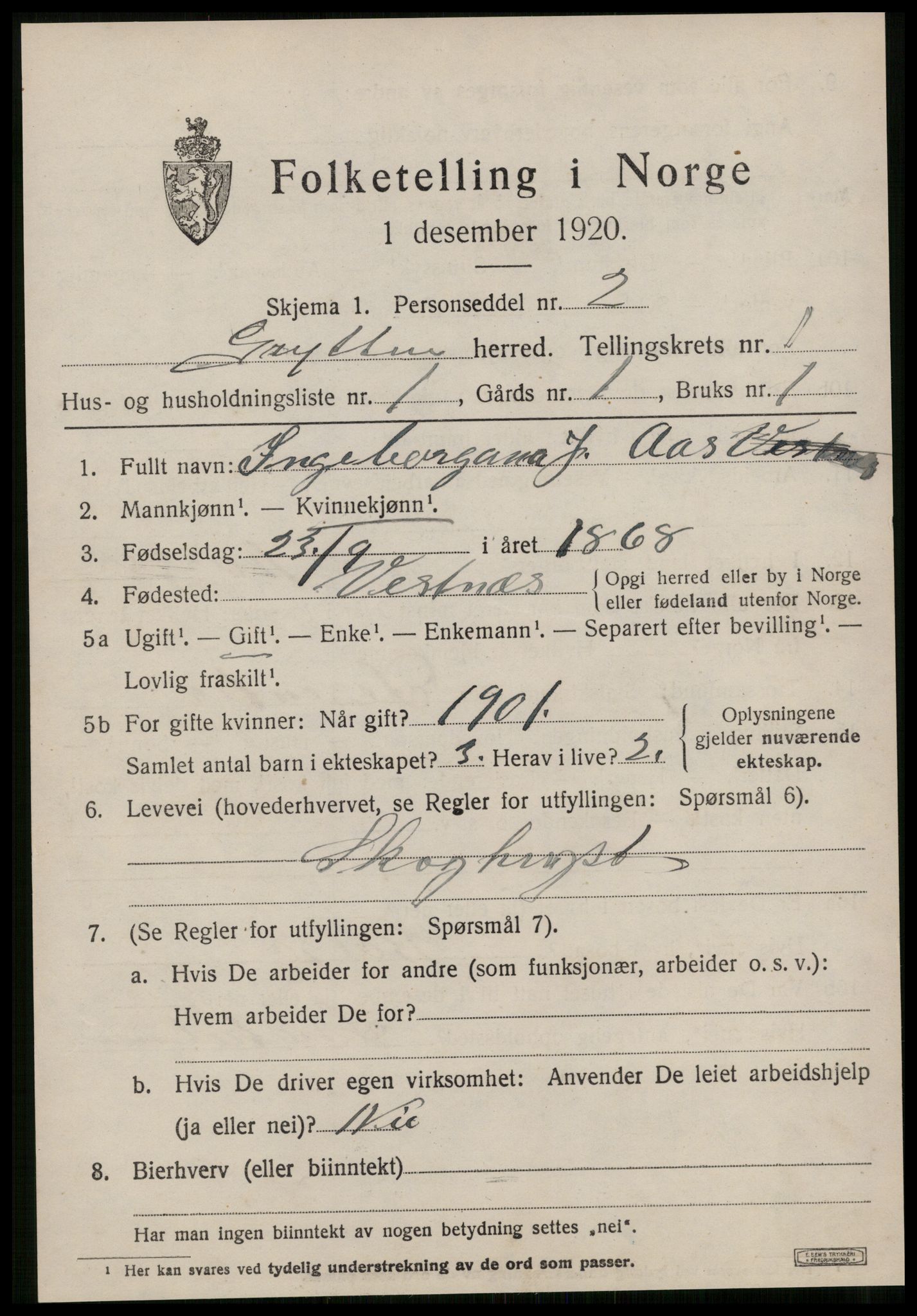 SAT, 1920 census for Grytten, 1920, p. 836