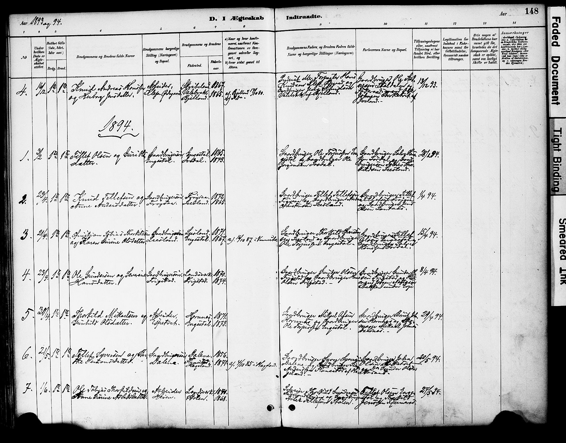 Evje sokneprestkontor, AV/SAK-1111-0008/F/Fa/Fac/L0003: Parish register (official) no. A 3, 1884-1909, p. 148