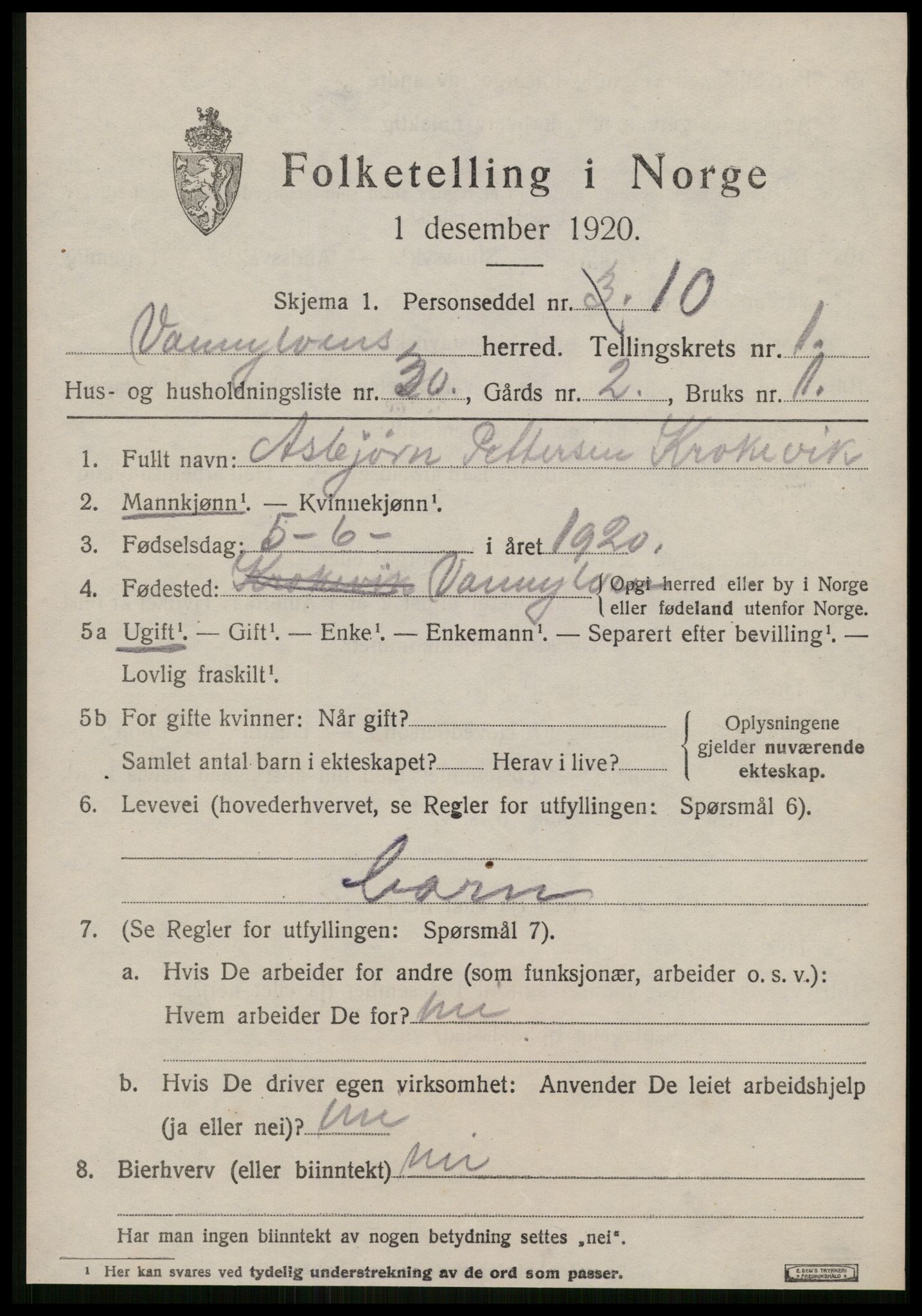 SAT, 1920 census for Vanylven, 1920, p. 1009