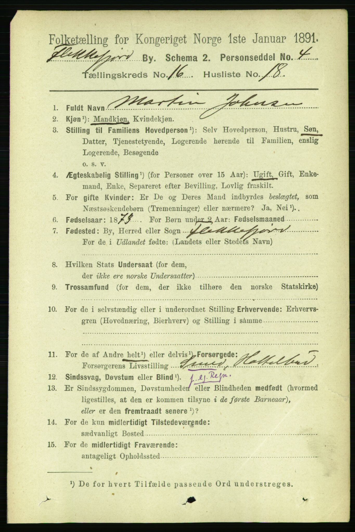 RA, 1891 census for 1004 Flekkefjord, 1891, p. 2079