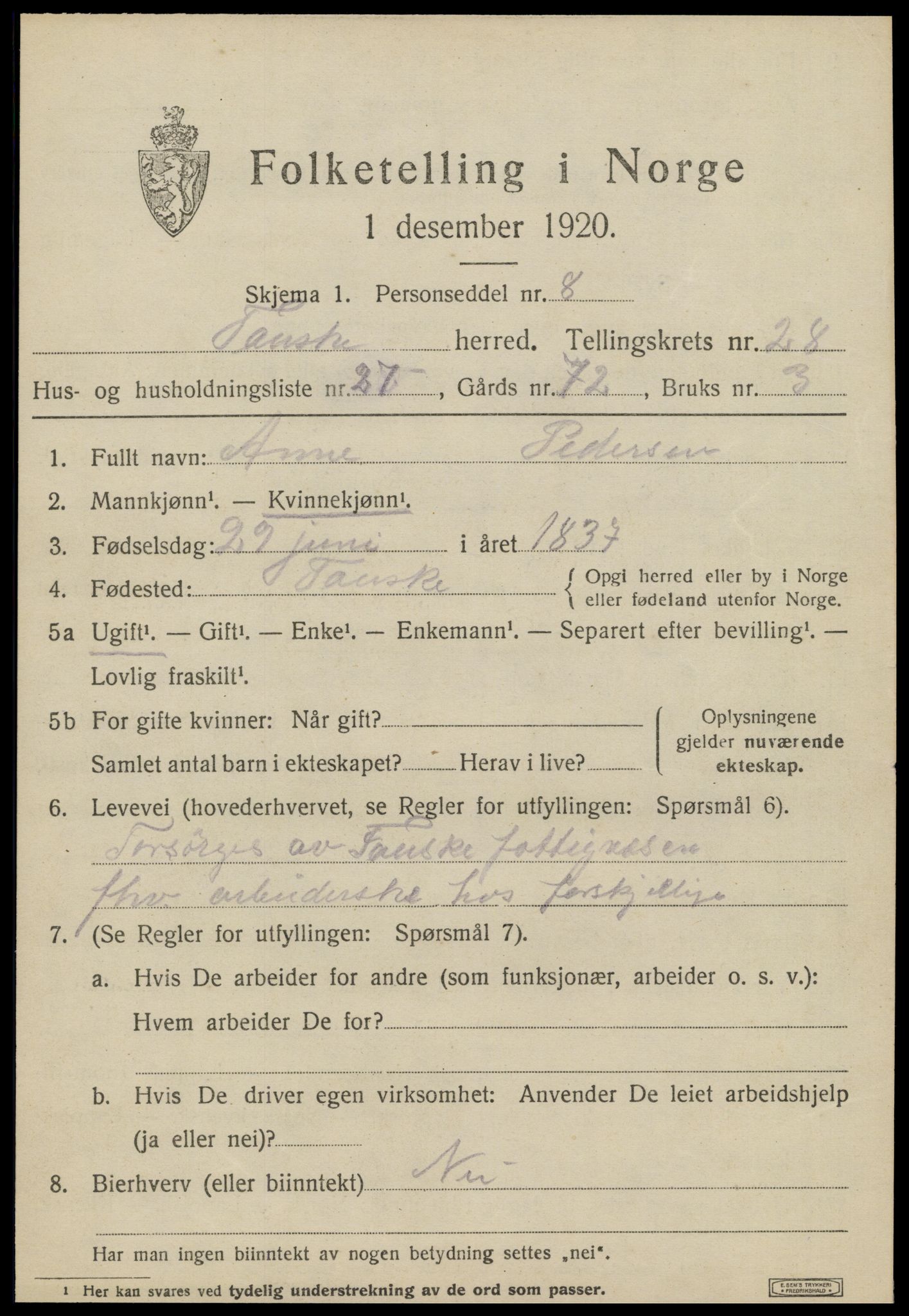 SAT, 1920 census for Fauske, 1920, p. 17396