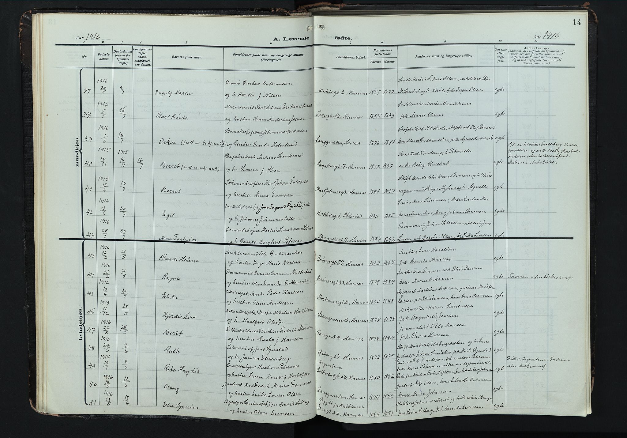 Hamar prestekontor, AV/SAH-DOMPH-002/H/Ha/Hab/L0004: Parish register (copy) no. 4, 1915-1942, p. 14