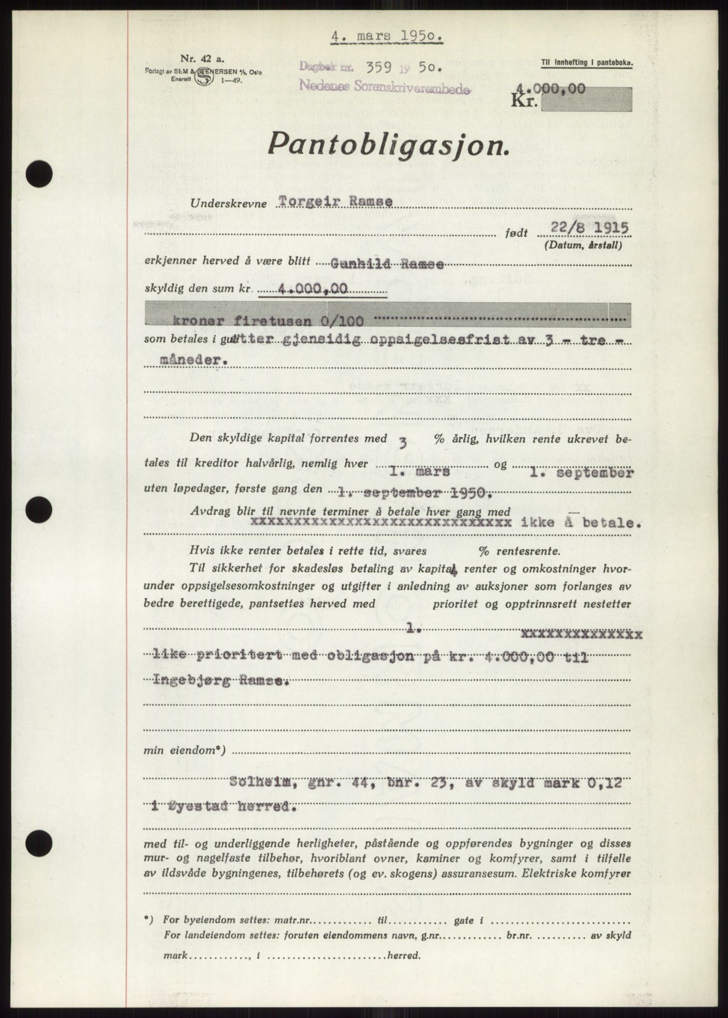 Nedenes sorenskriveri, AV/SAK-1221-0006/G/Gb/Gbb/L0007: Mortgage book no. B7, 1949-1950, Diary no: : 359/1950