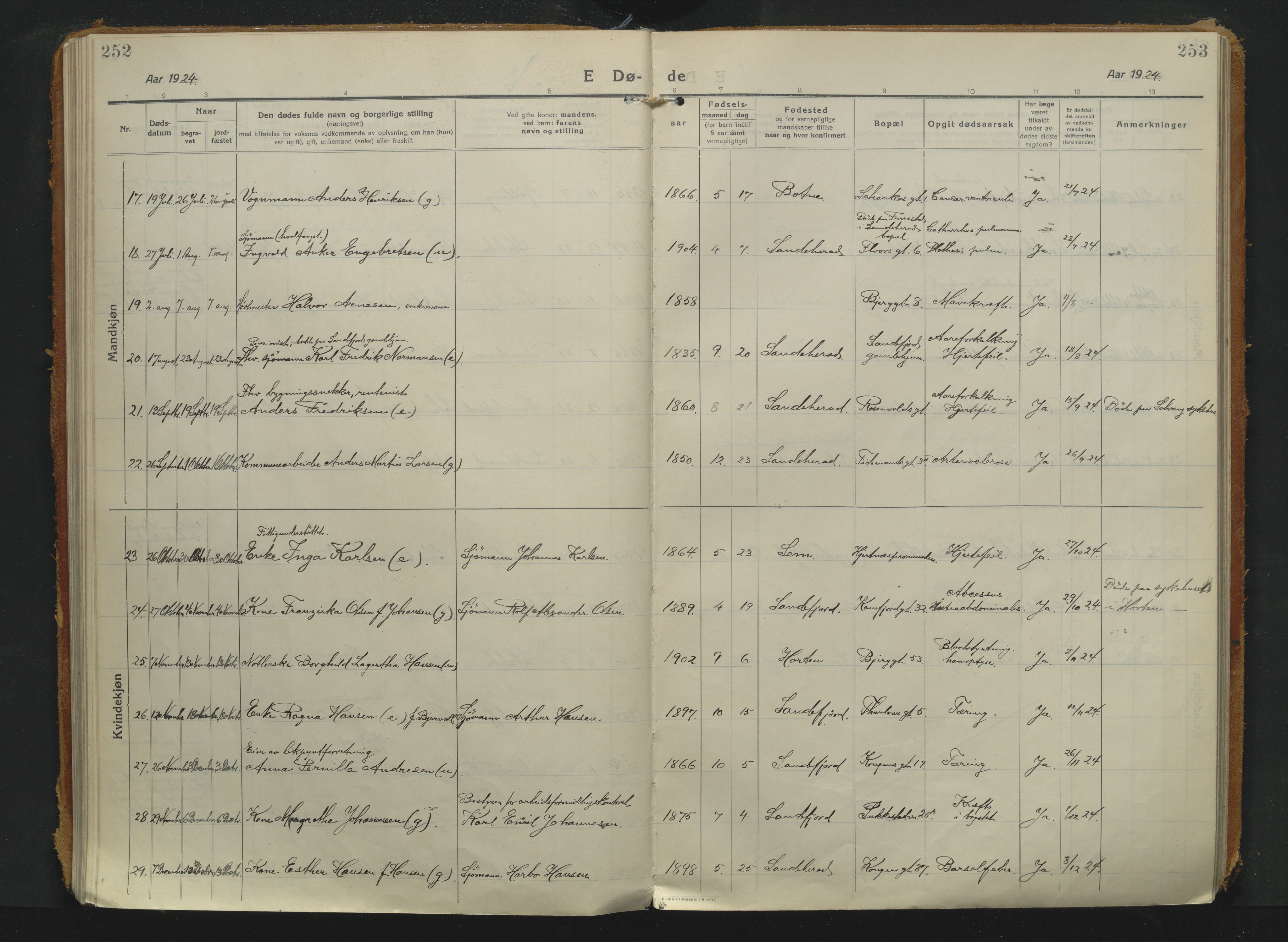 Sandefjord kirkebøker, AV/SAKO-A-315/F/Fa/L0008: Parish register (official) no. 8, 1916-1926, p. 252-253