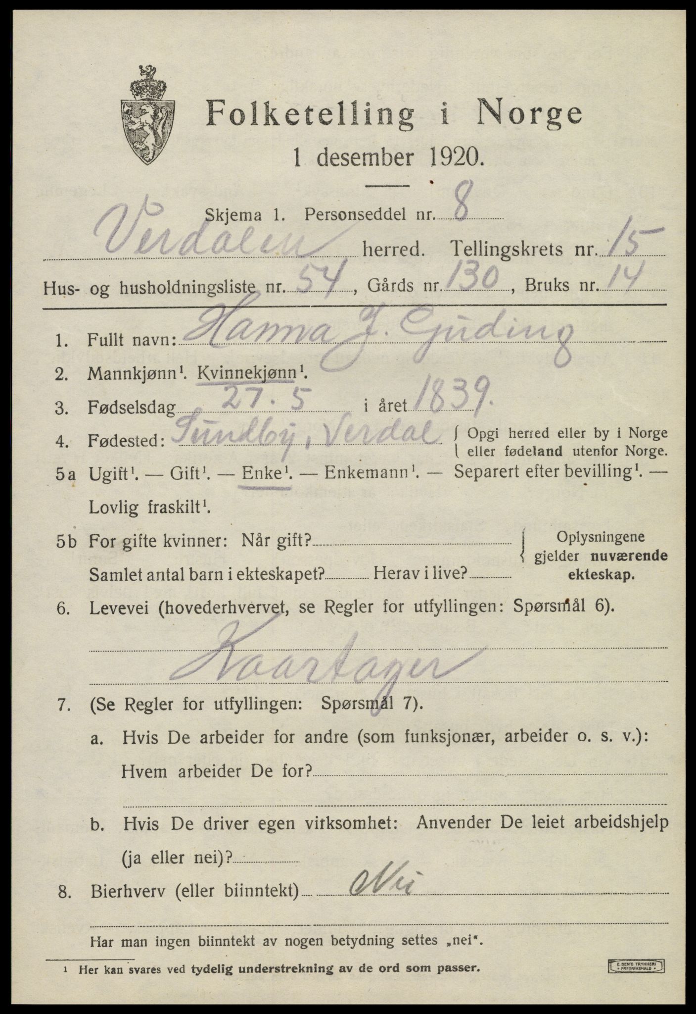 SAT, 1920 census for Verdal, 1920, p. 14825