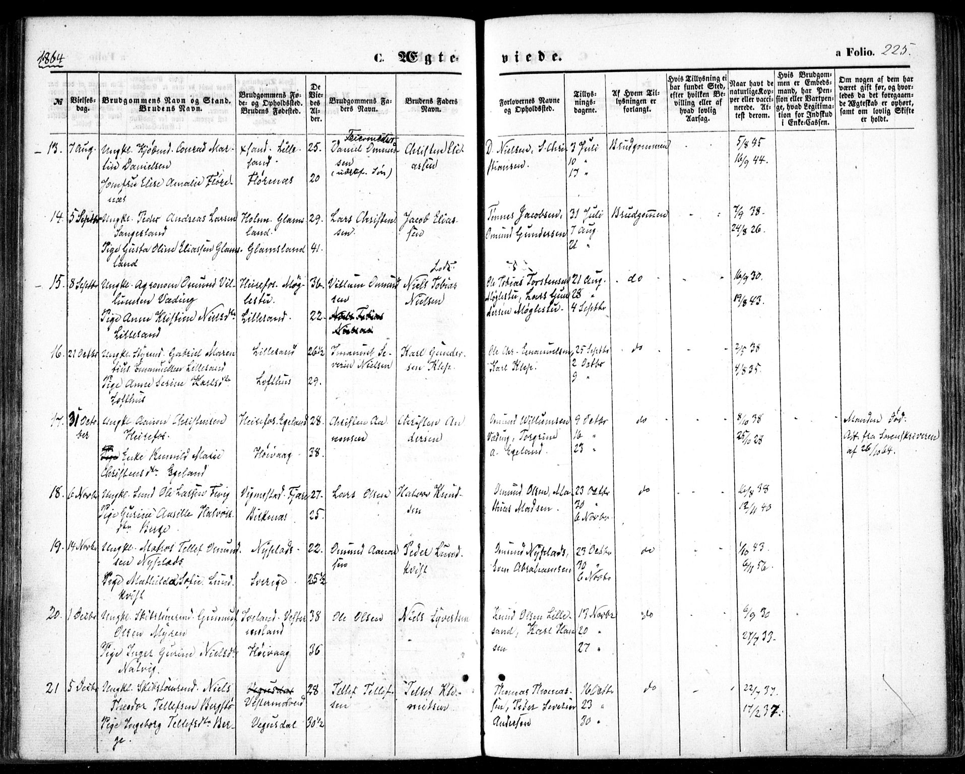 Vestre Moland sokneprestkontor, SAK/1111-0046/F/Fa/Fab/L0007: Parish register (official) no. A 7, 1859-1872, p. 225