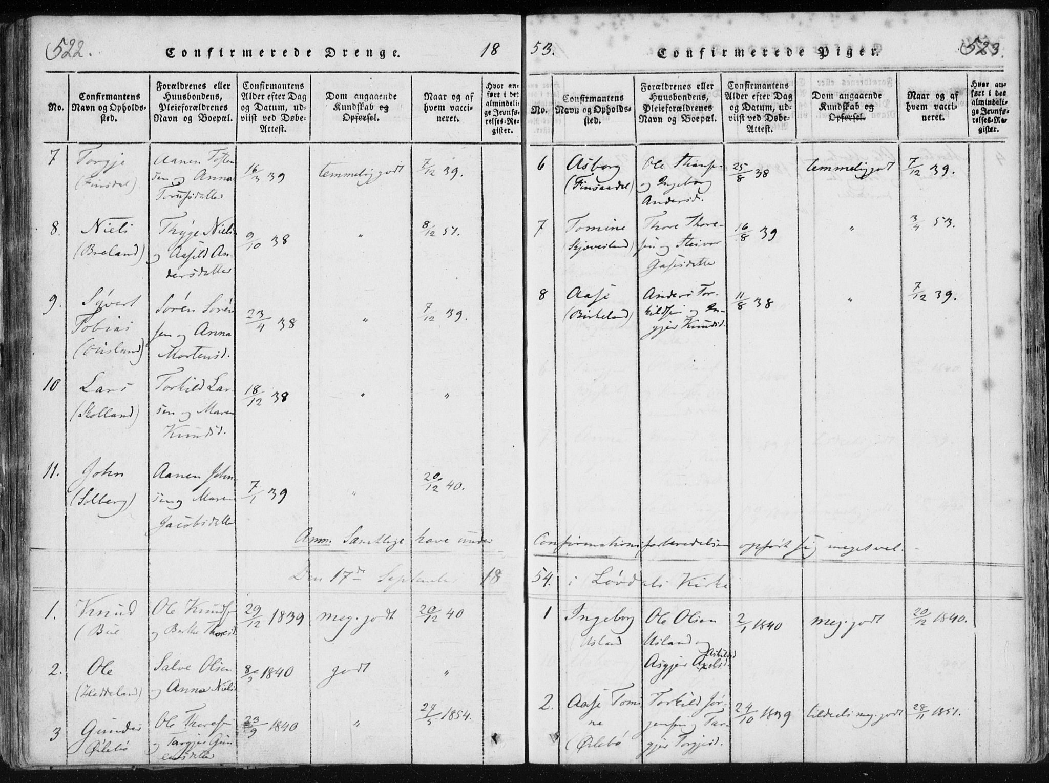 Holum sokneprestkontor, AV/SAK-1111-0022/F/Fa/Fac/L0002: Parish register (official) no. A 2, 1821-1859, p. 522-523