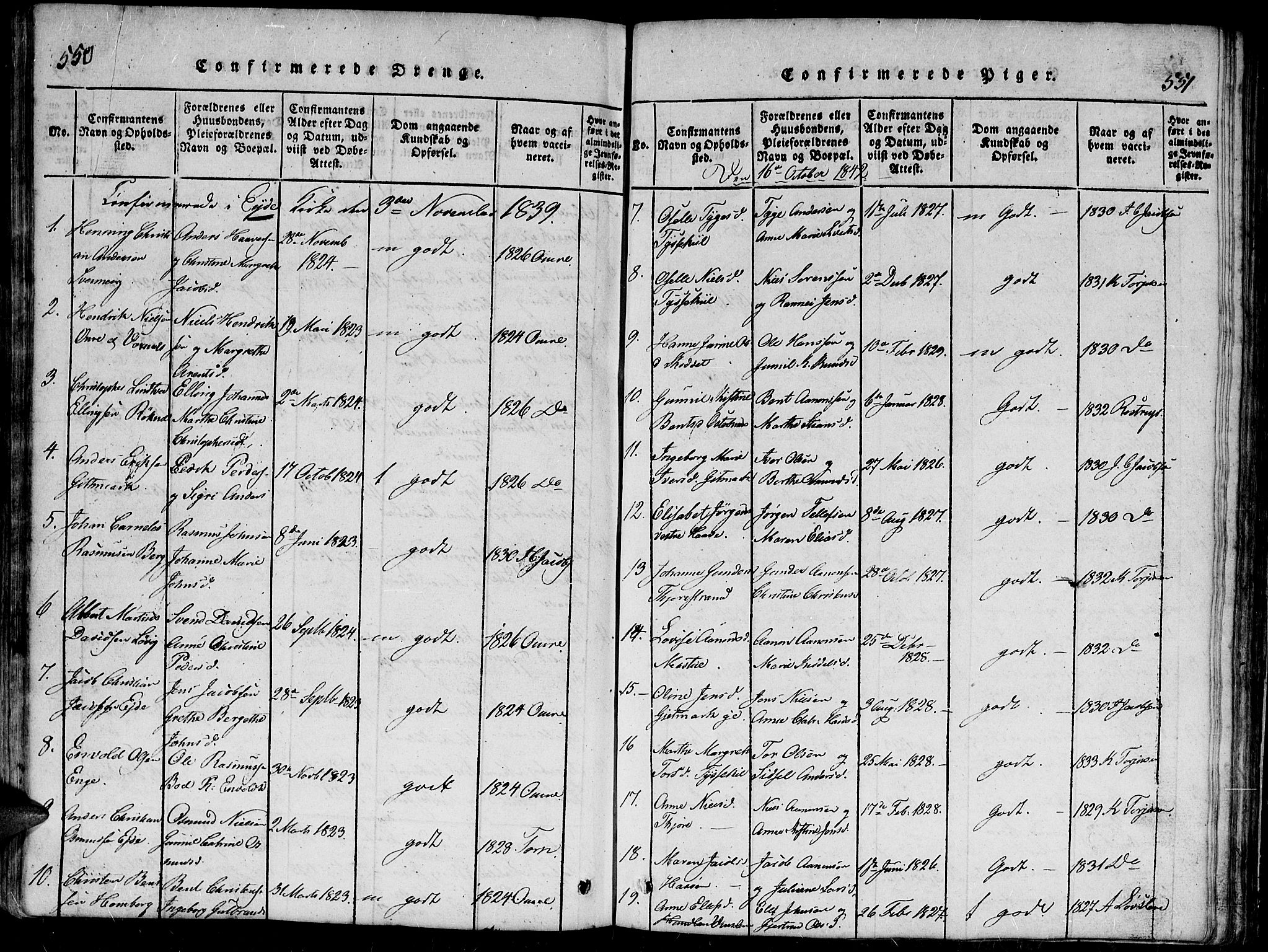 Hommedal sokneprestkontor, AV/SAK-1111-0023/F/Fb/Fbb/L0003: Parish register (copy) no. B 3 /2, 1816-1850, p. 550-551